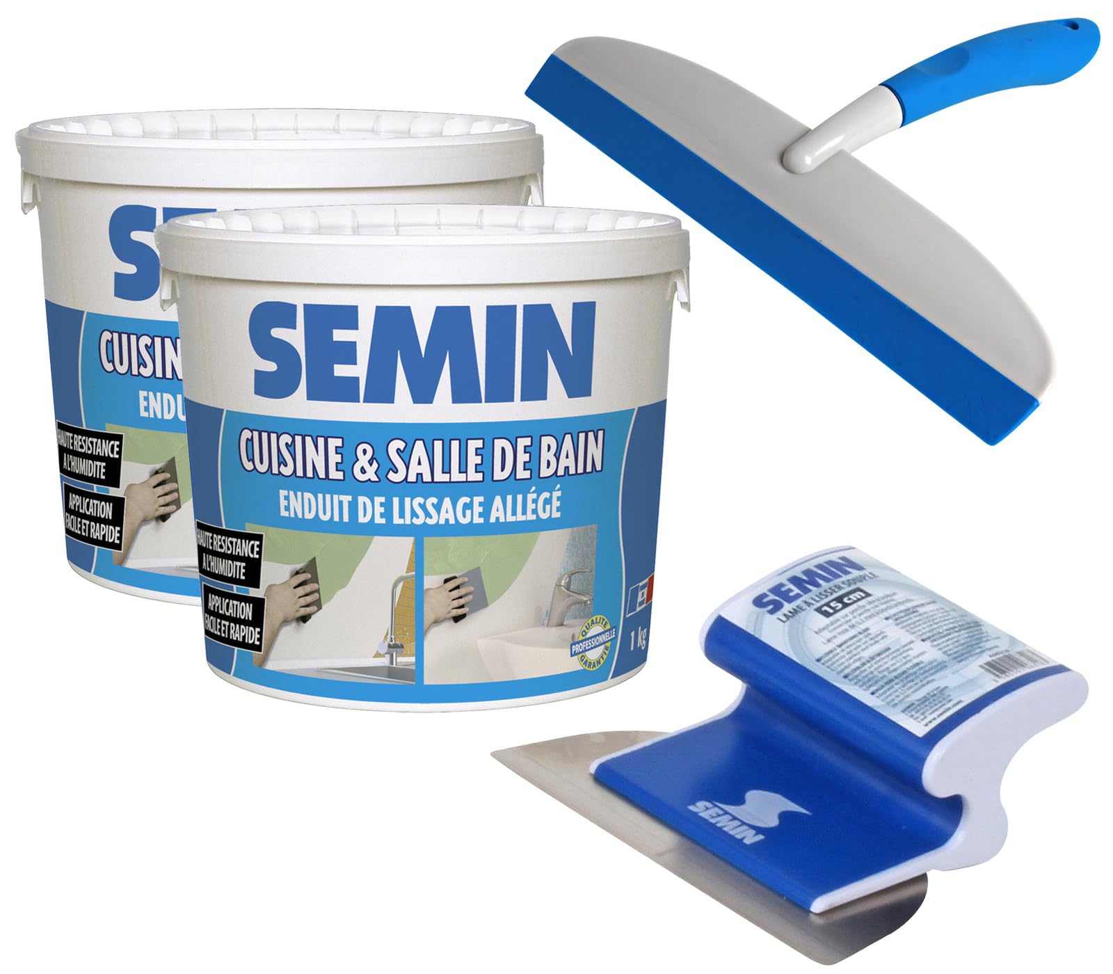 SEMIN Kit Lissage Salle de Bain & Cuisine – Enduit Hydro Pièces Humides 2 X 1 kg + Lame CE 78 15 cm + Raclette à Lisser – Prêt à l’Emploi – Finition Murale Avant Peinture