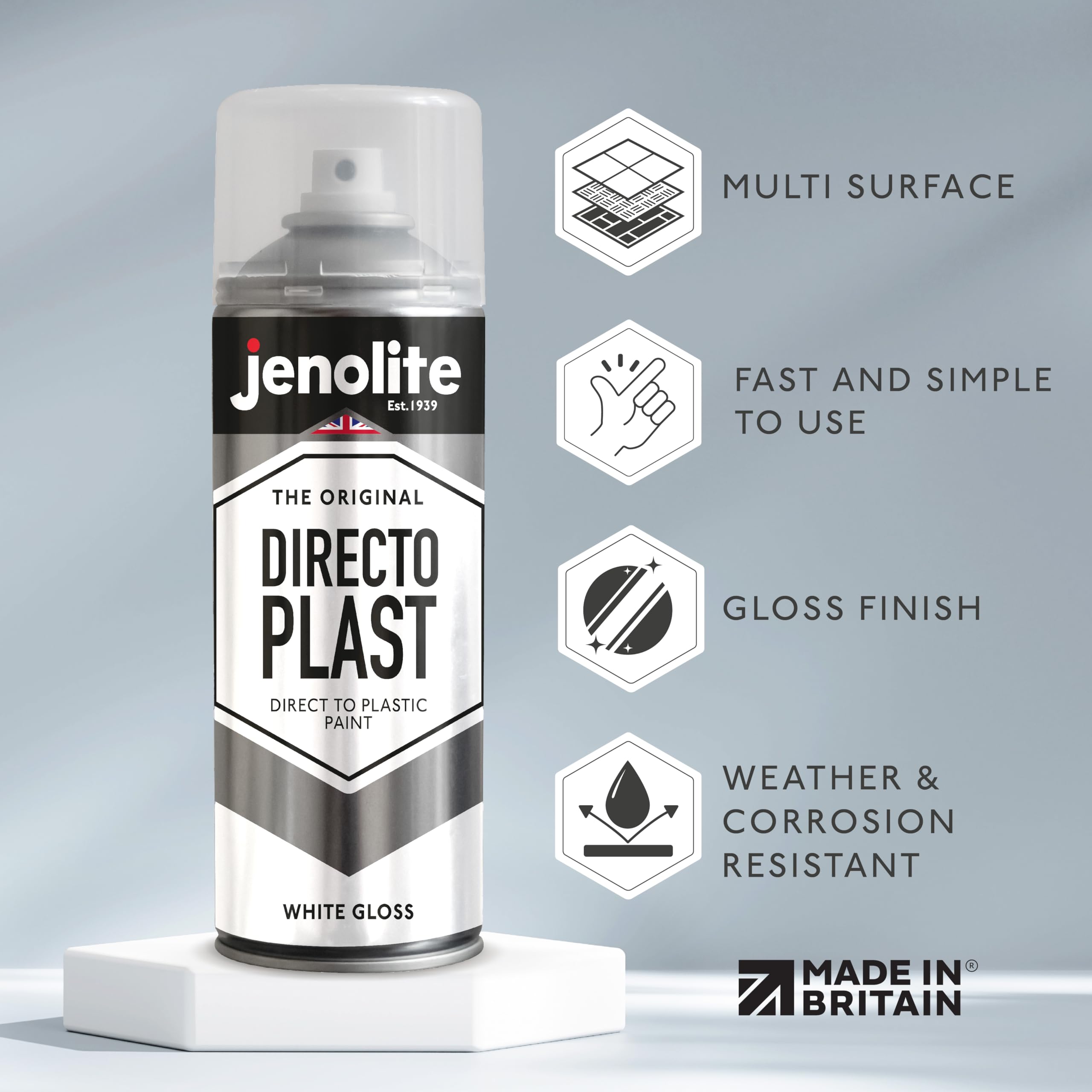 JENOLITE Directoplast farba błyszcząca, biała, farba w sprayu do wszystkich rodzajów tworzyw sztucznych, bez podkładu, 400 ml, RAL 9016