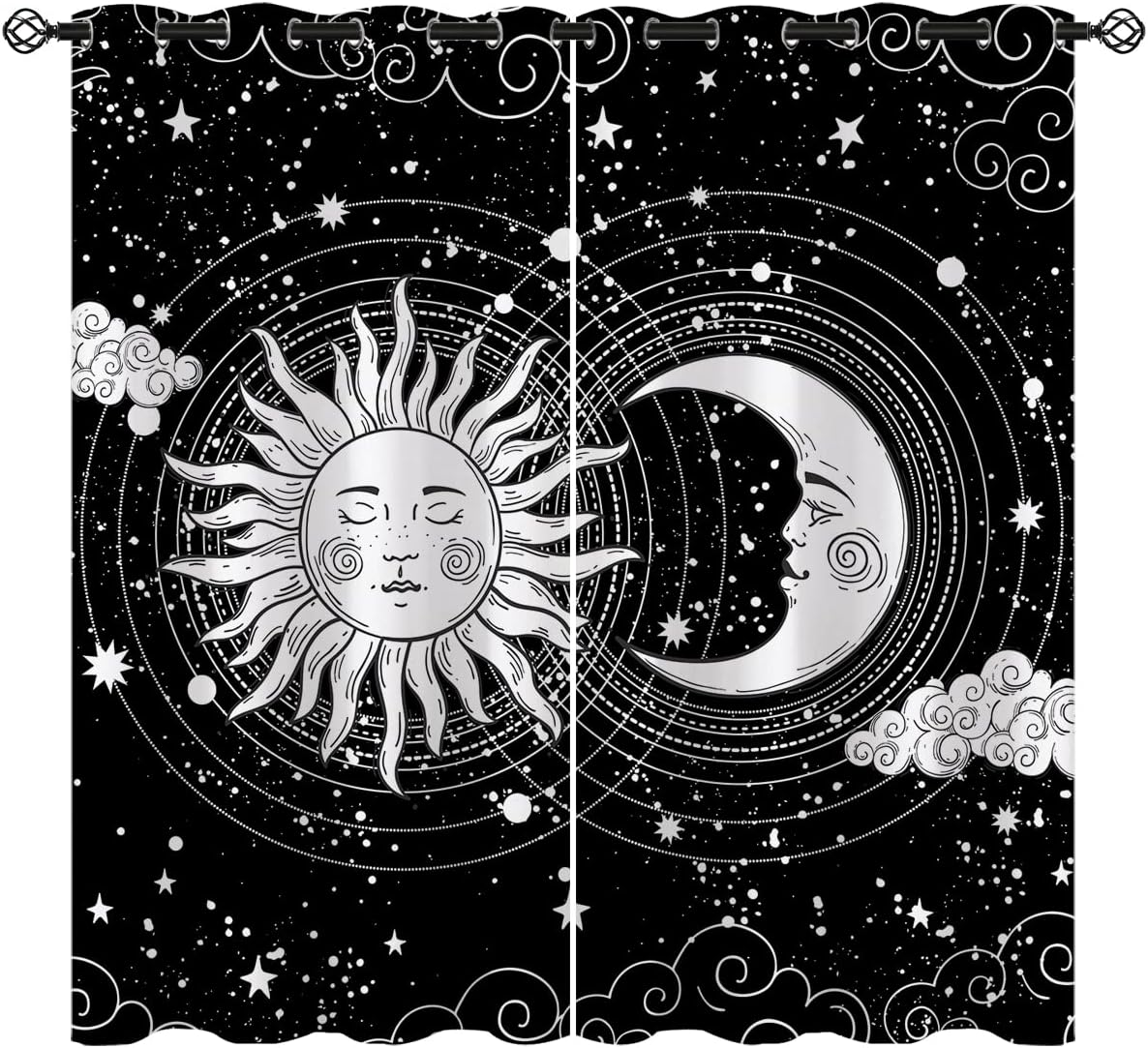 Sun and Moon Blackout Curtains for Girls Boy Home Decor, Mystic Mandala Hippie Art Star Grommet Thermal Insulated Drapes Darkening Window Curtain for Bedroom Living Room, 42 x 63 Inch