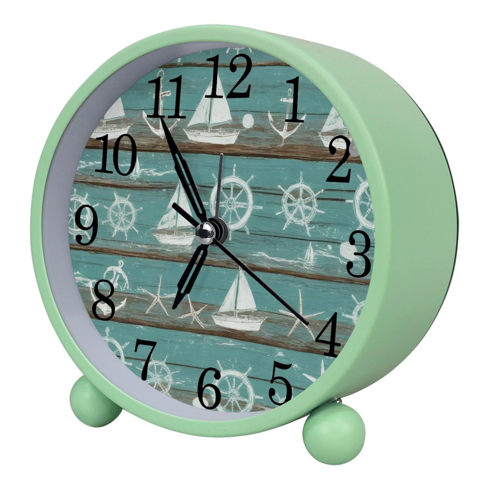 etoenbrc Rural Farmhouse Boat and Rudder Round Battery Operated Bedside Alarm Clock Non-Ticking Desktop Silent Analog Alarm Clock with Light