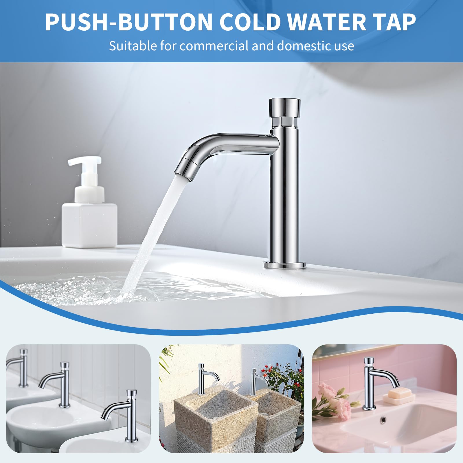 Grifo Temporizado Lavabo Agua Fría, Pulsador, BuntHaus Cierre Automático | Acero inoxidable 304 cromado, grifo lavabo con cierre automático temporizado, ideal para WC y baños públicos