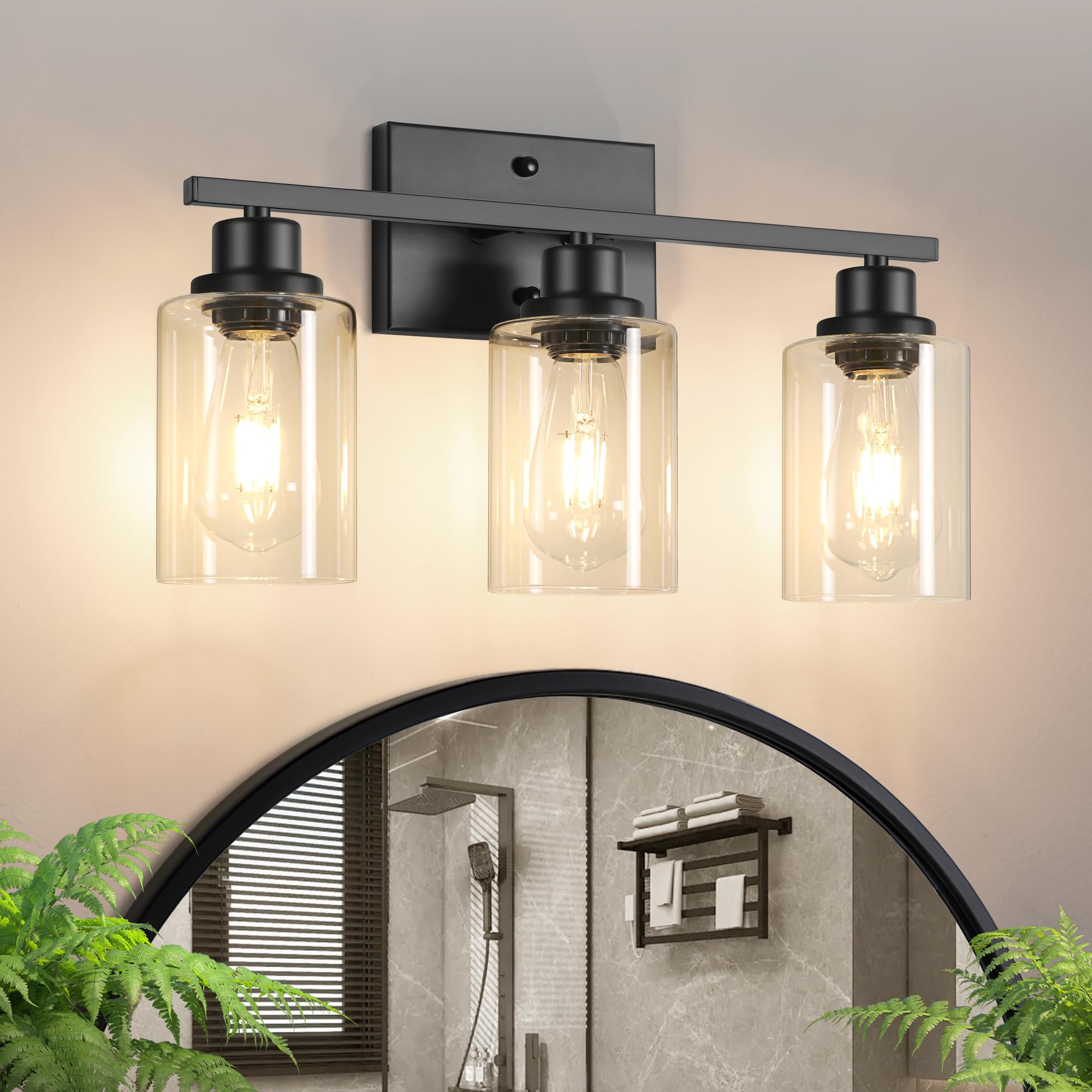 Ascher Bathroom Light Fixtures, 3-Light Vanity Light Over Mirror, Matte Black Wall Sconces with Clear Glass Shades, Wall Lamp for Living Room Bedroom, E26 Base(Bulbs Not Included)