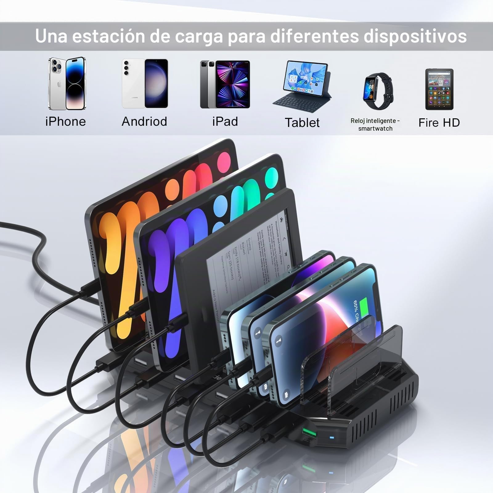 SUIDEK Estación de Carga multiUSB para múltiples Dispositivos, 60 W, 10 Puertos, estación de Carga múltiple con Puerto QC3.0 y divisores Ajustables compatibles con tabletas, teléfonos Inteligentes | Estación de carga rápida multiestación de carga con divi