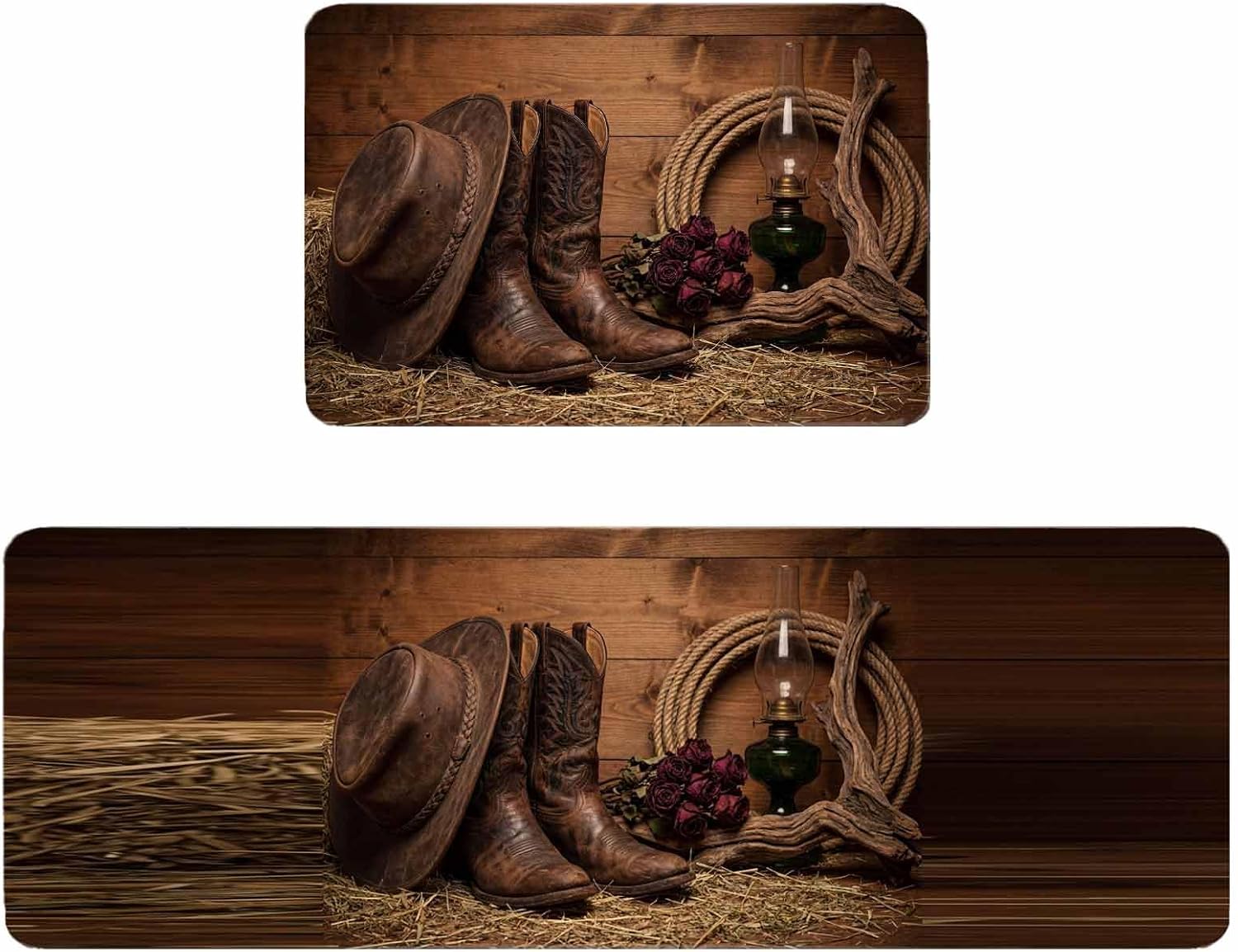 Cowboy Western Kitchen Rugs and Mats Set of 2, Non-Slip Kitchen Sink Mat, Cowboy Hats Boots Retro Rose Brown Wooden Washable Doormat Bathroom Rugs Runner for Bedroom 19.7"x31.5"+19.7"x47.2"