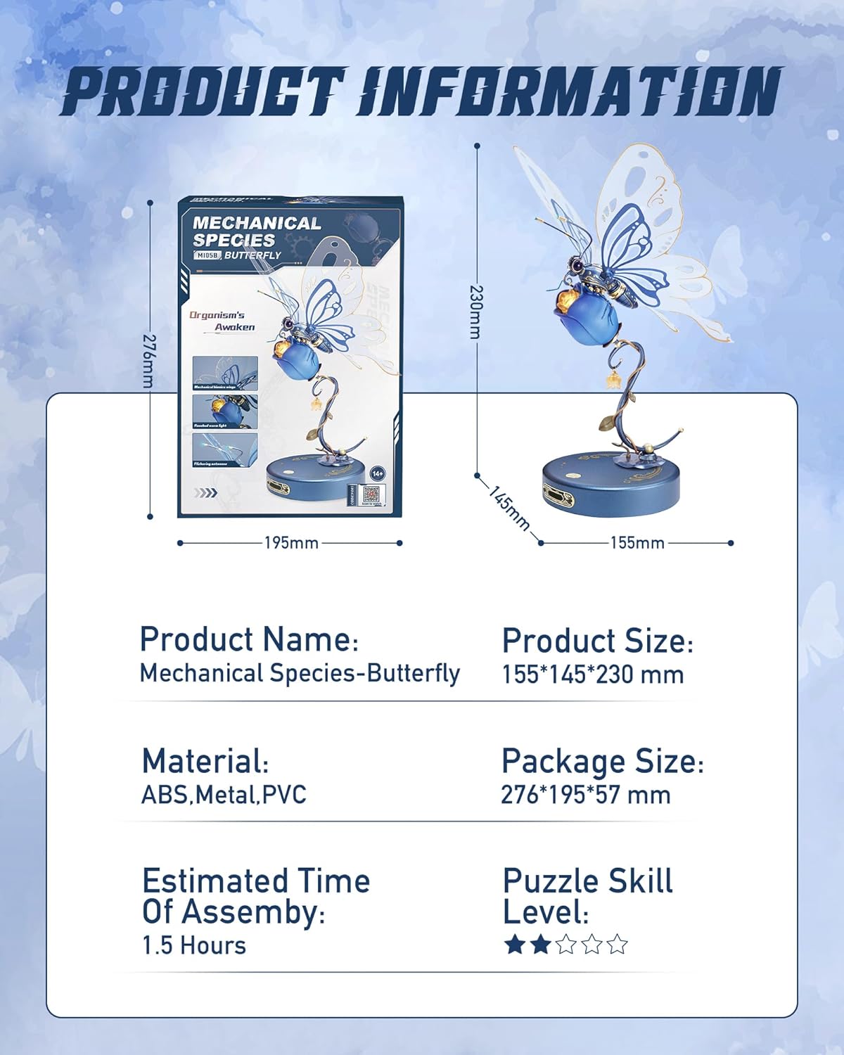 Diagram showing product dimensions and assembly details for the ROBOTIME 3D Puzzle Night Light.