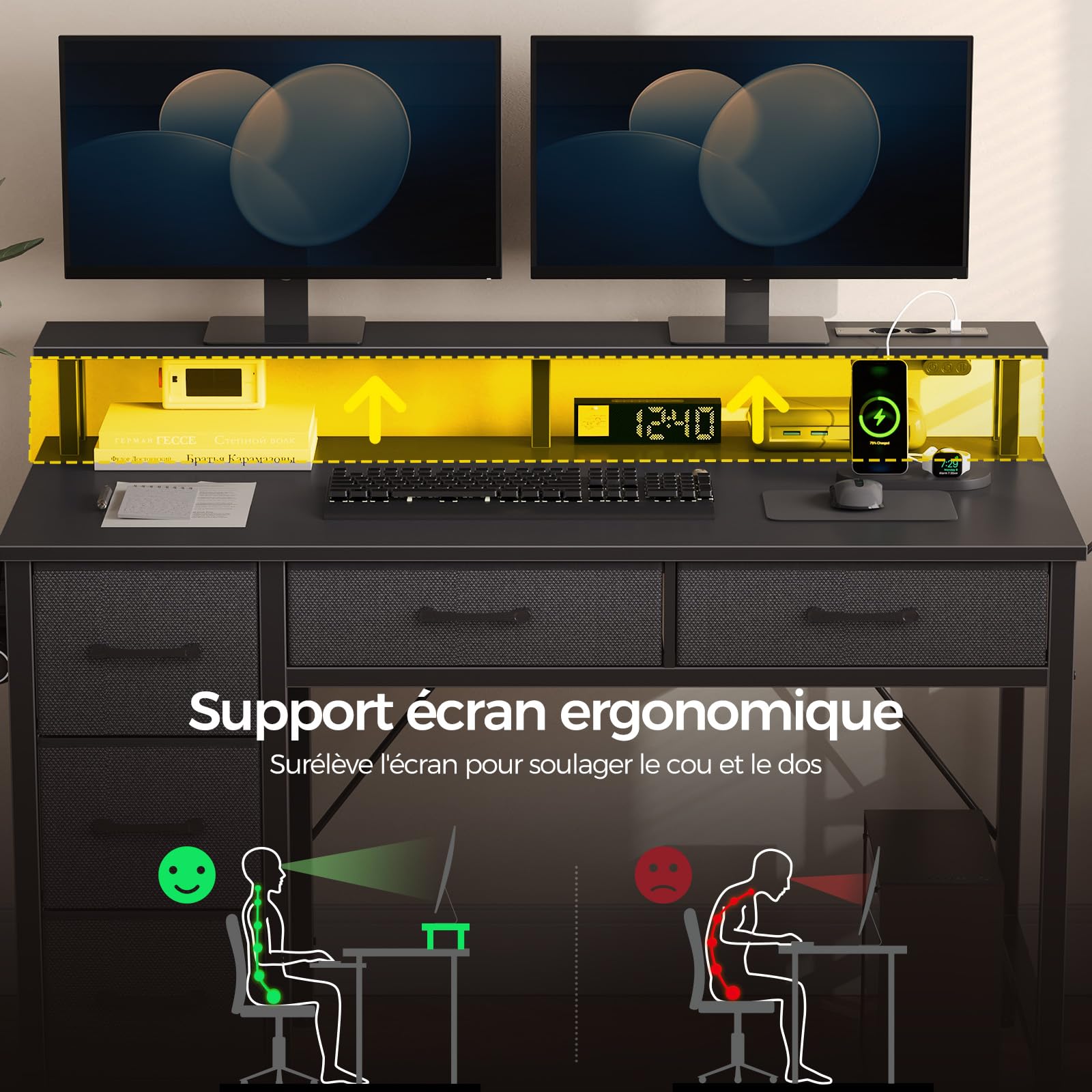 Seventable Bureau Gaming 100 cm avec LED RGB, Prises & Ports USB, Support Écran — Bureau avec Rangement et 5 Tiroirs en Tissu, Bureau Informatique pour Chambre ou Télétravail – Noir