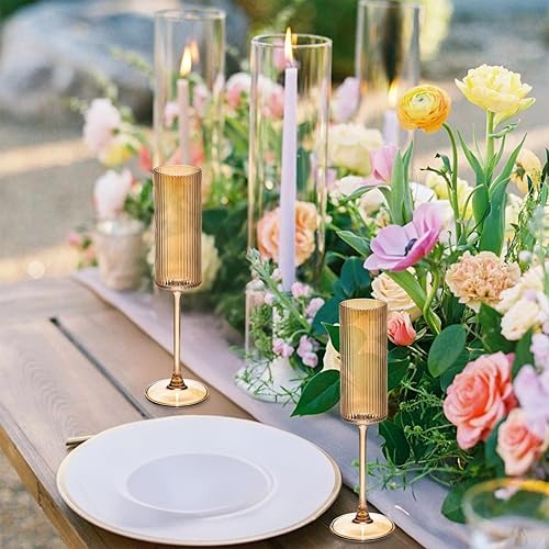 Miniatura 4 de Juego de 6 copas de champán, copas de champán vintage de cristal acanalado soplado a mano de 6 onzas, tallo largo, elegantes copas de vino espumoso,