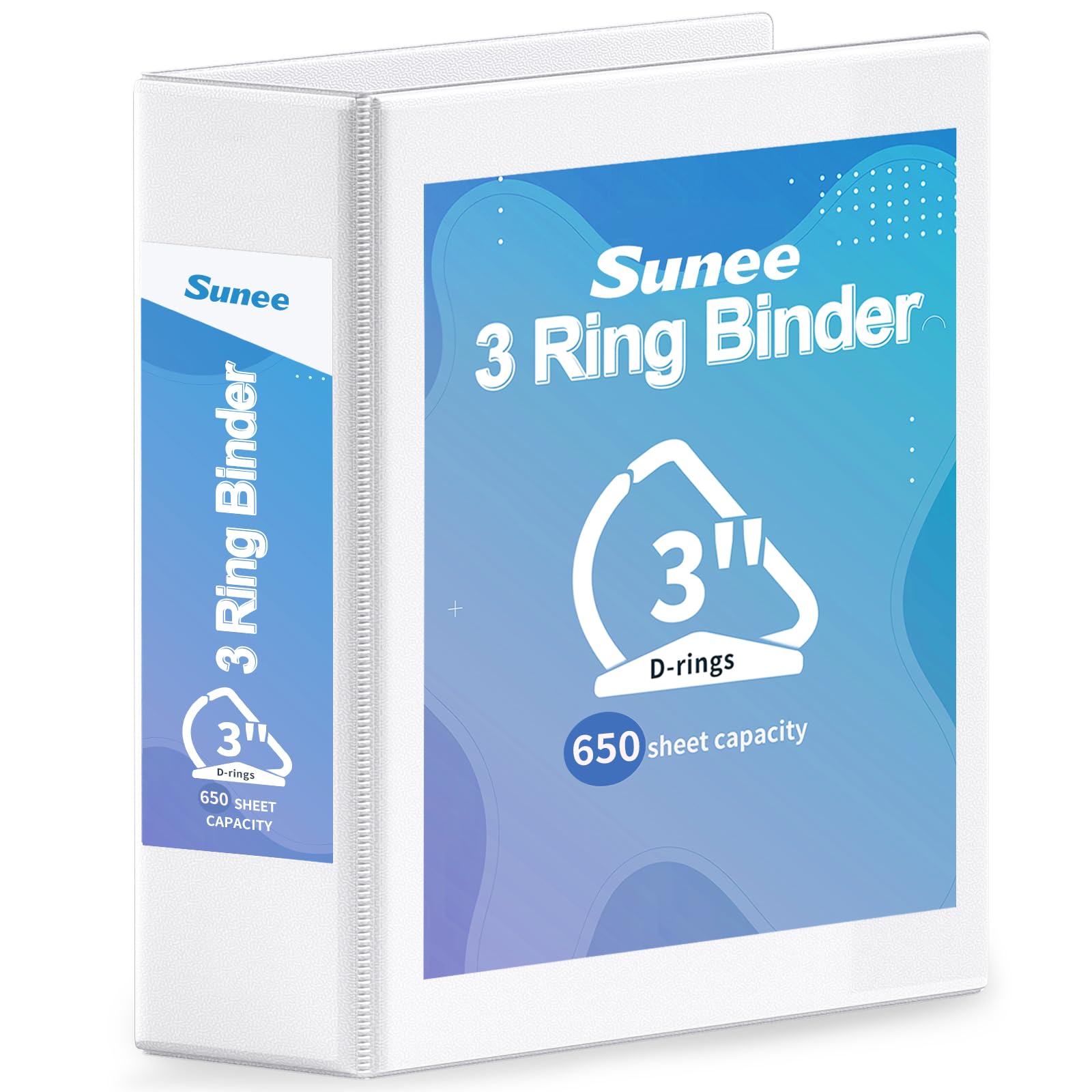 SUNEE 3 Ring Binder 3 Inch D Ring, Clear View Binder Three Ring PVC-Free (Fit 8.5x11 Inches) for School Binder or Office Binder Supplies, White Binder