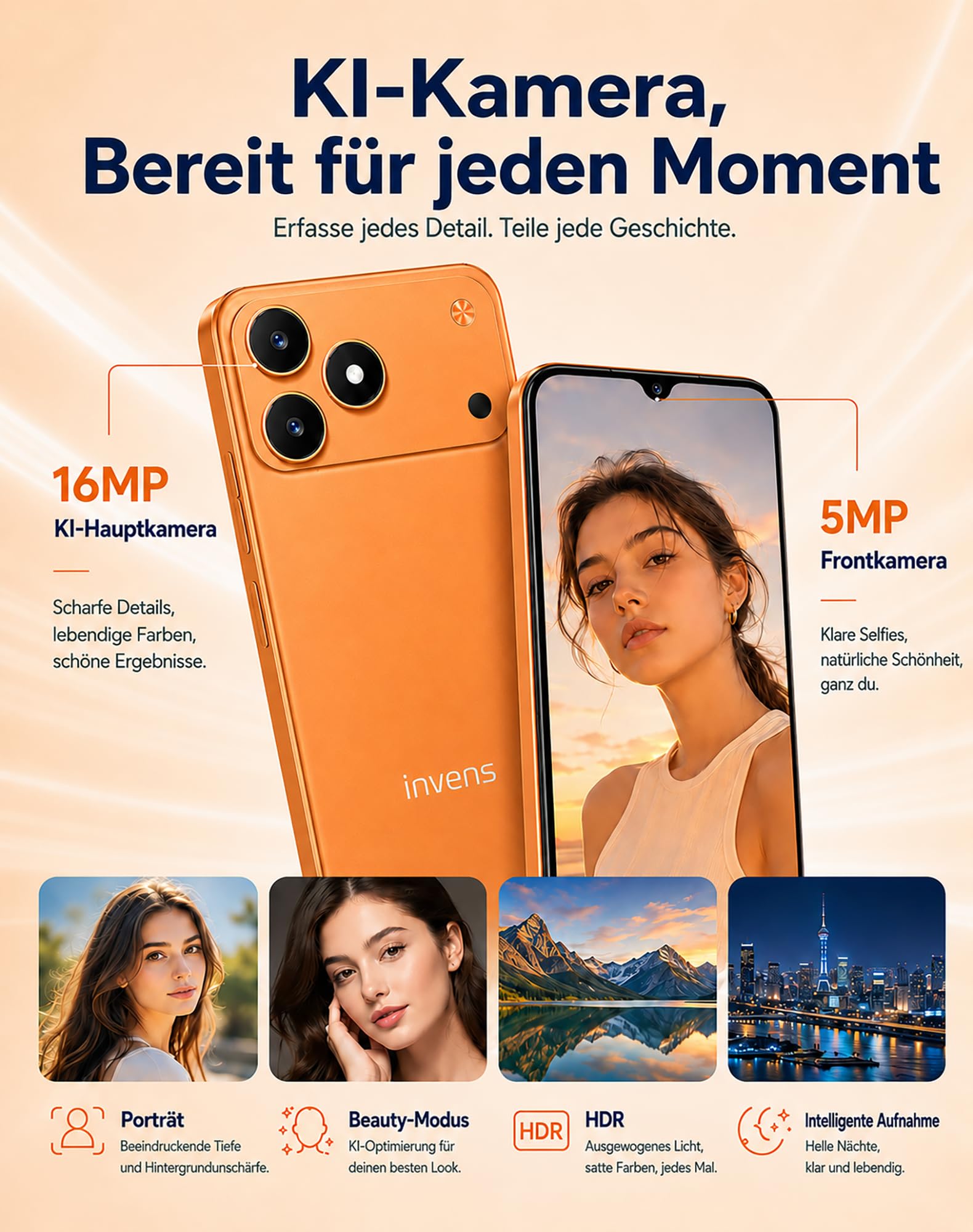 invens Note 15P 4G Smartphone ohne Vertrag, 6,52 Zoll Android 16 Go Handy, 9GB + 32GB/TF256 GB, Dual SIM Smartphone, 16MP+5MP Kamera, Face ID, 3500mAh Abnehmbarer Akku, USB-C, Schwarz