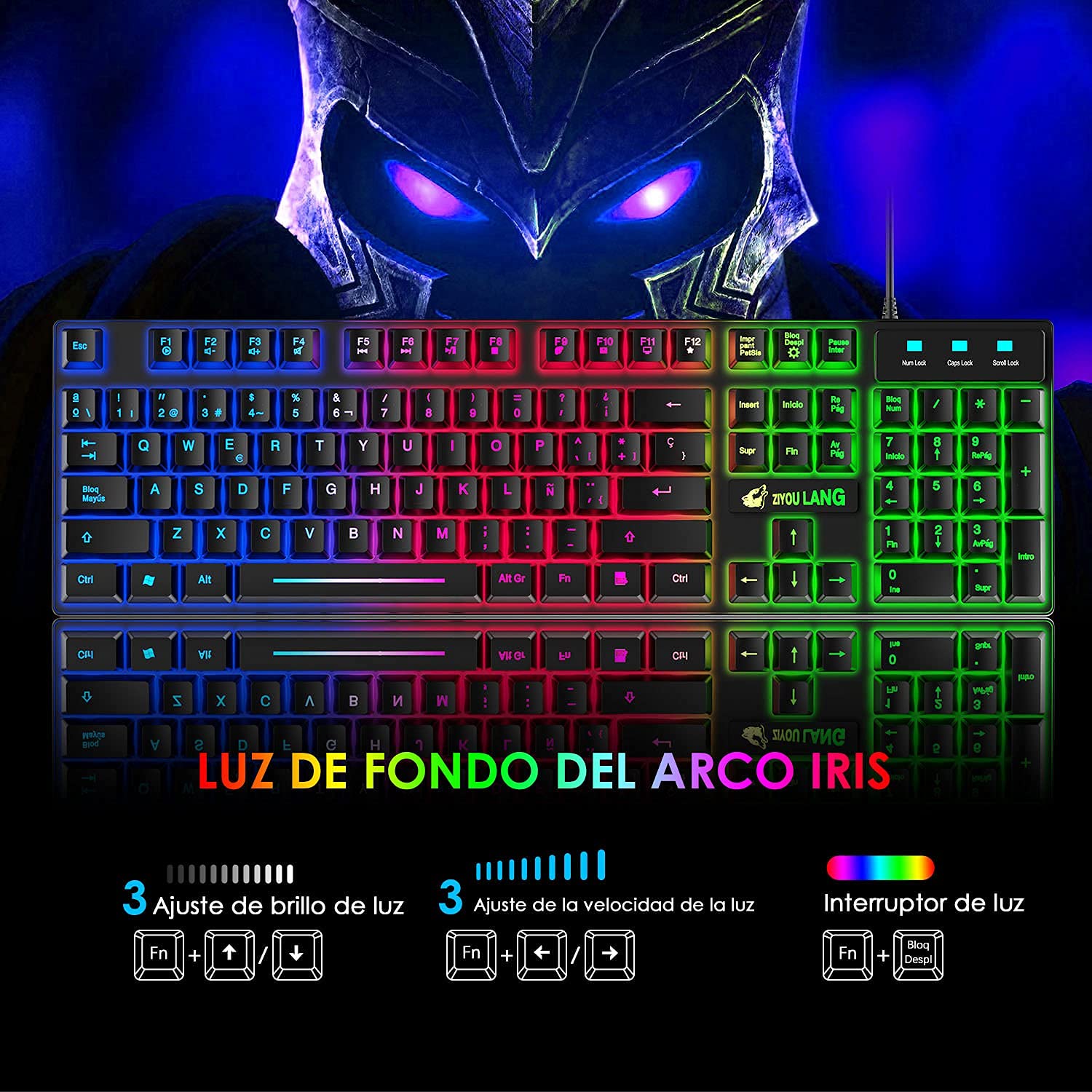 ZIYOU LANG T13 [Español QWERTY] Teclado y Raton Gaming Rainbow LED 104 Teclas para Teclado Mecanico Sentir Gamer 2400 dpi Retroiluminado Raton con Alfombrilla para PS5 PC Laptop Mac - Negro