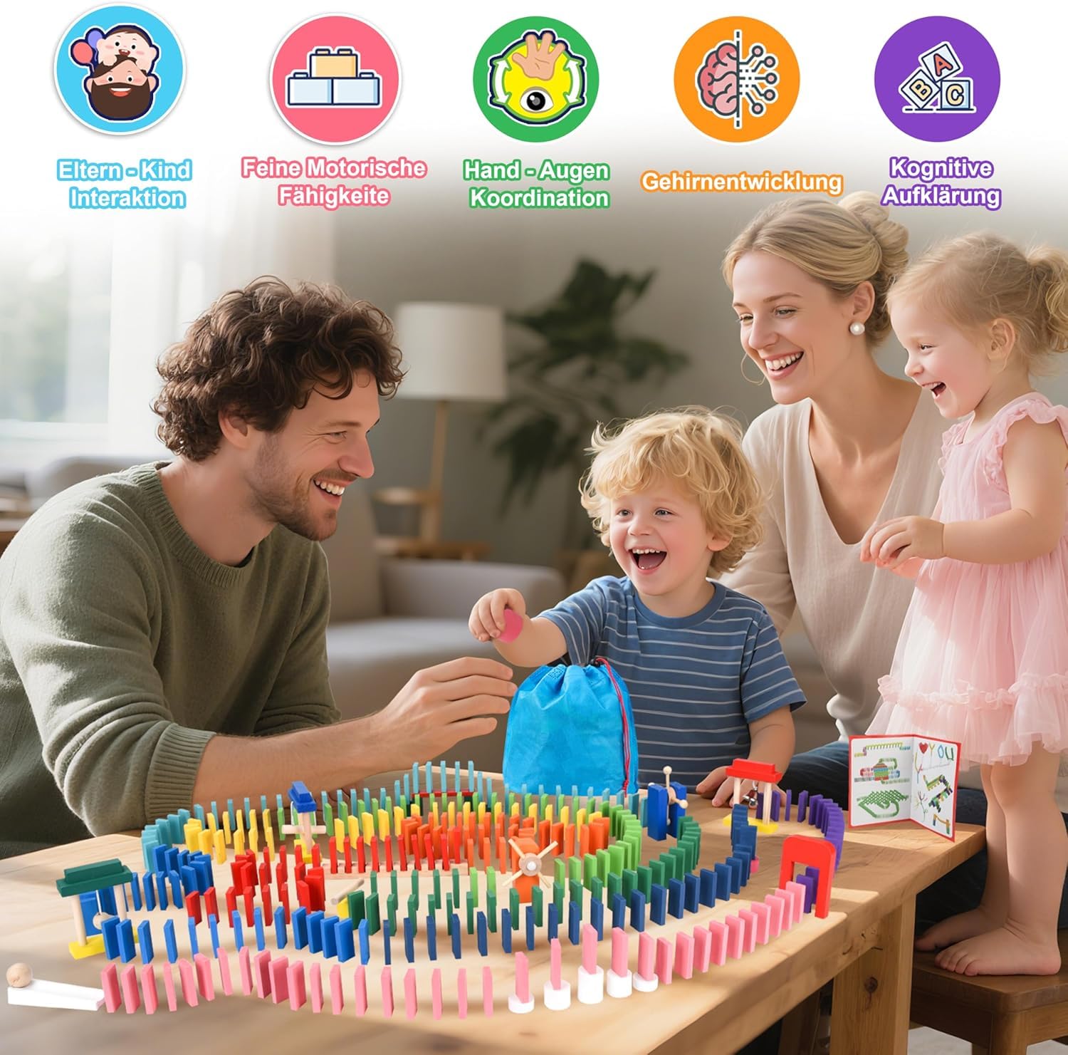 Herefun Domino Madera Juego de Bloques, Juego de Fichas de Dominó de Madera con Bolsa, 24 Bloques de Construcción, Juguete Educativo para Niños 3 4 5 (300)