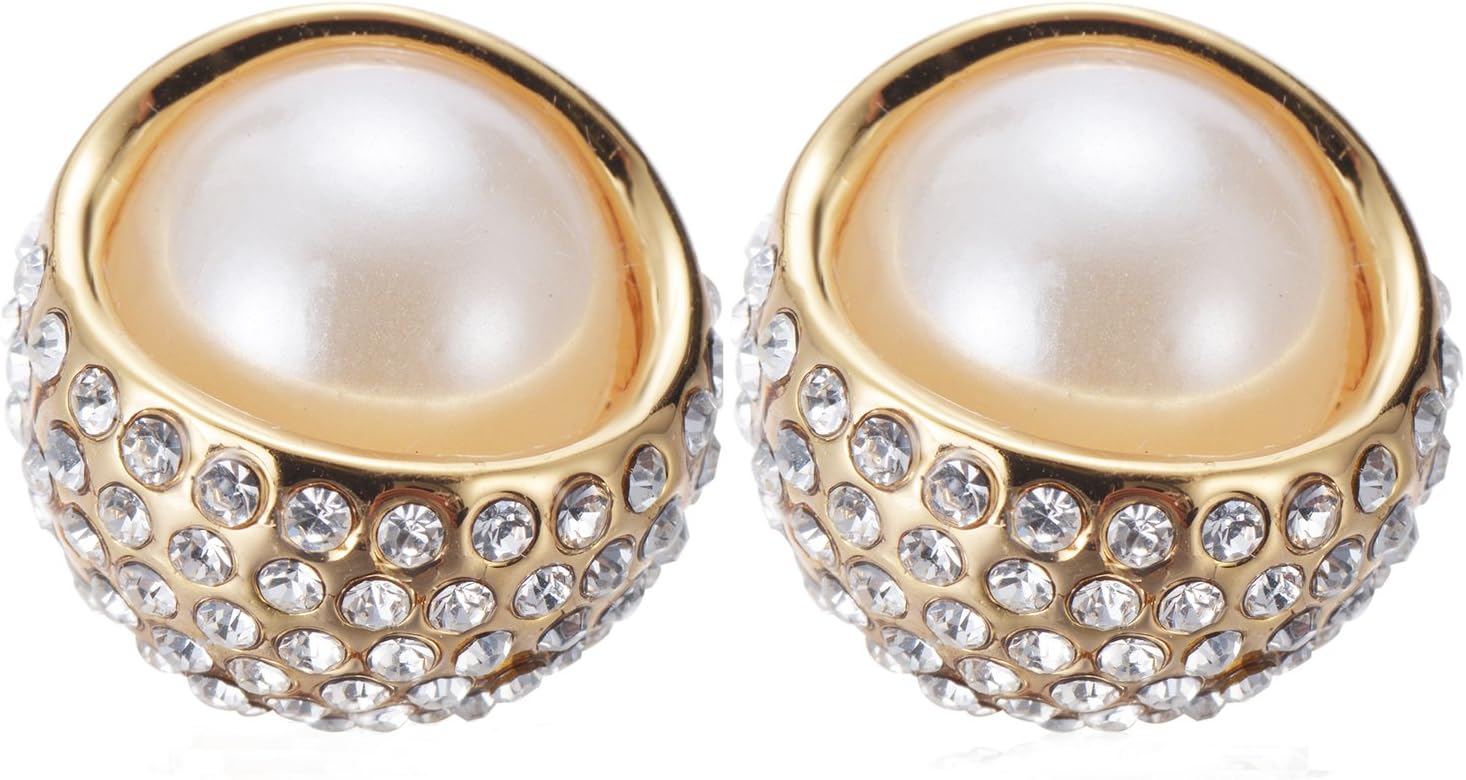 Stud Earrings - Plastic Pearls & White Crystals of SWAROVSKI Elements, Copper Alloy (Pearl Beauty)