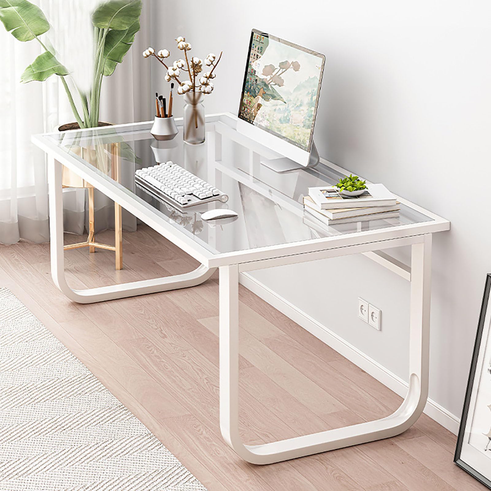 Scrivania moderna per computer in vetro temperato, robusta struttura in metallo, scrivania per ufficio, scrivania semplice da gaming per PC e workstation per casa e ufficio, 120 x 70 x 72 cm, bianca