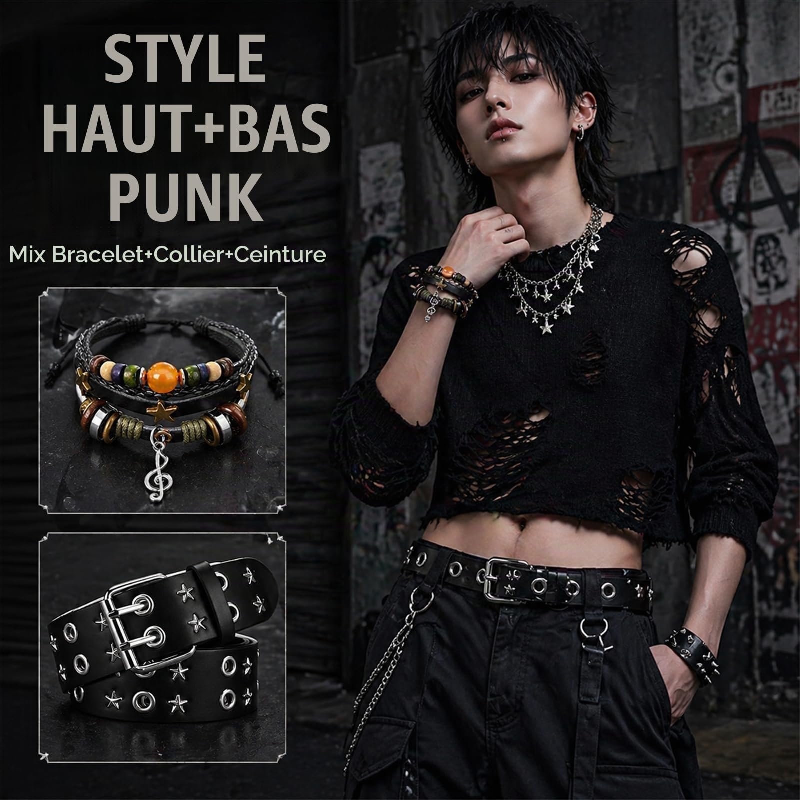 Ensemble de 10 accessoires unisexes Y2K comprenant une ceinture à imprimé étoile, un ensemble de 7 bracelets, un ras-de-cou gothique noir et une chaîne de taille en métal - Cuir noir