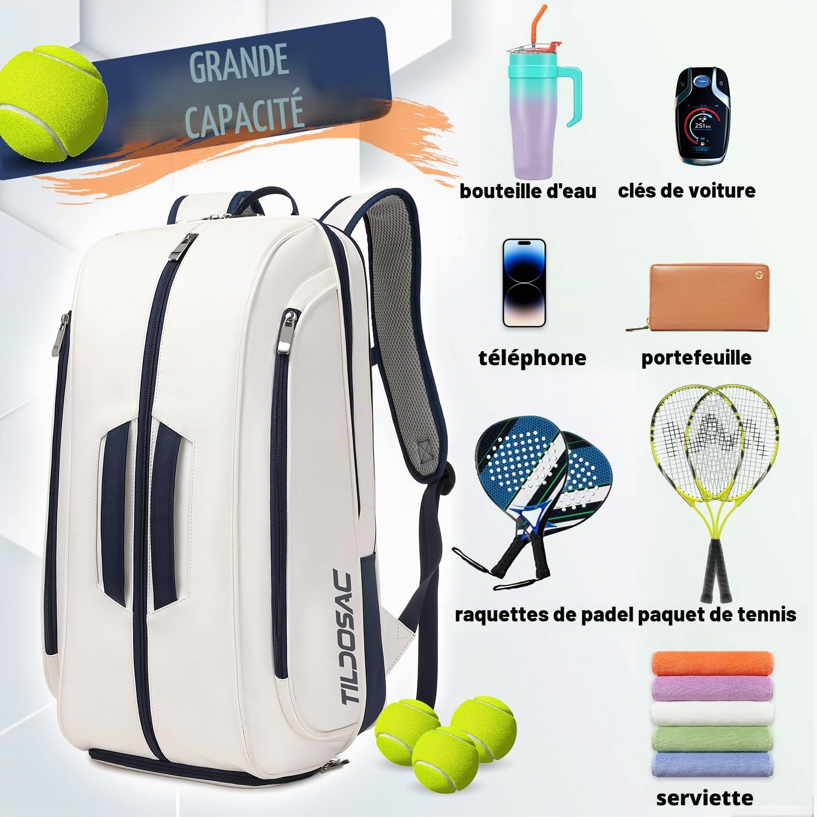 TILDOSAC Tennistasche Schlägertasche für Tennis Padel, Grand Sport Pickleball Sac für Männer Frauen mit Chaussure, Manche pour Ordinateur Portable, fenêtre Crochet, Manche à Balle