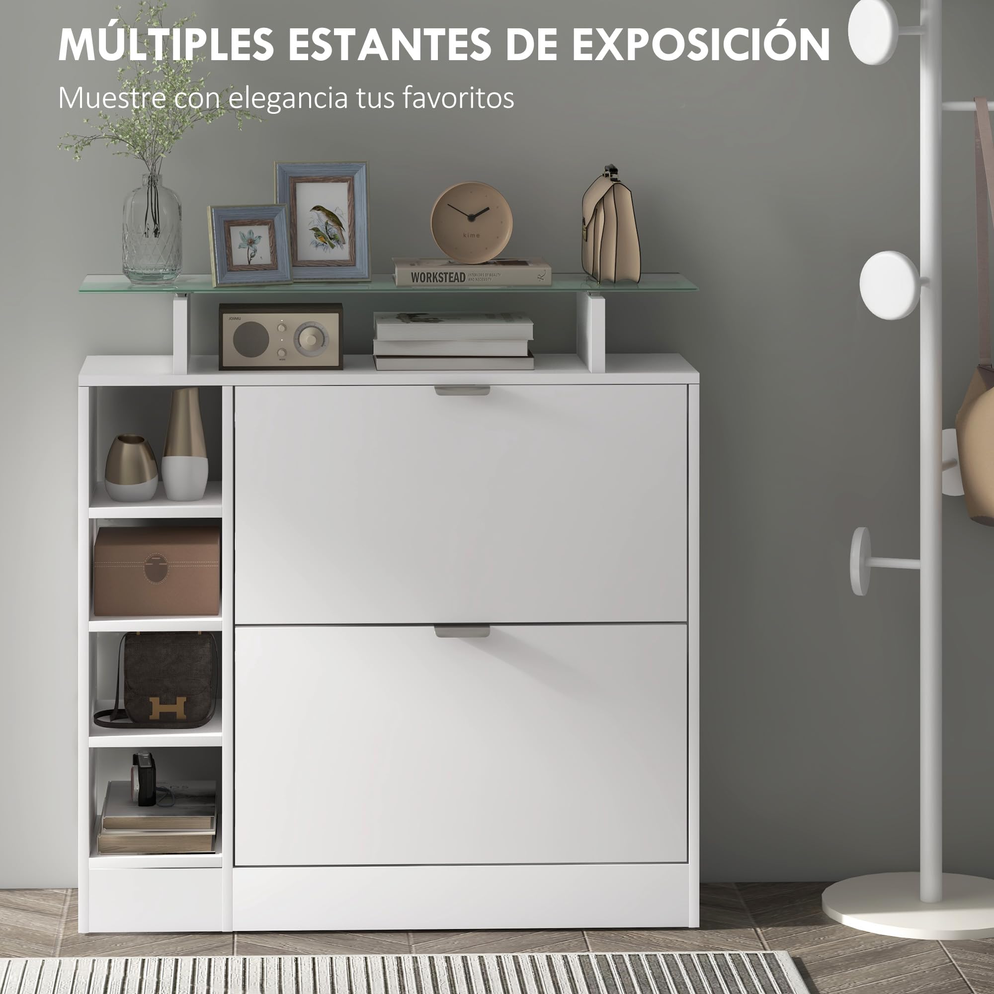 HOMCOM Zapatero Moderno de Entrada con Cajones Abatibles y Estantes Ajustables para 12 Pares de Zapatos, Estrecho para Pasillo y Recibidor 89x25x92 cm Blanco