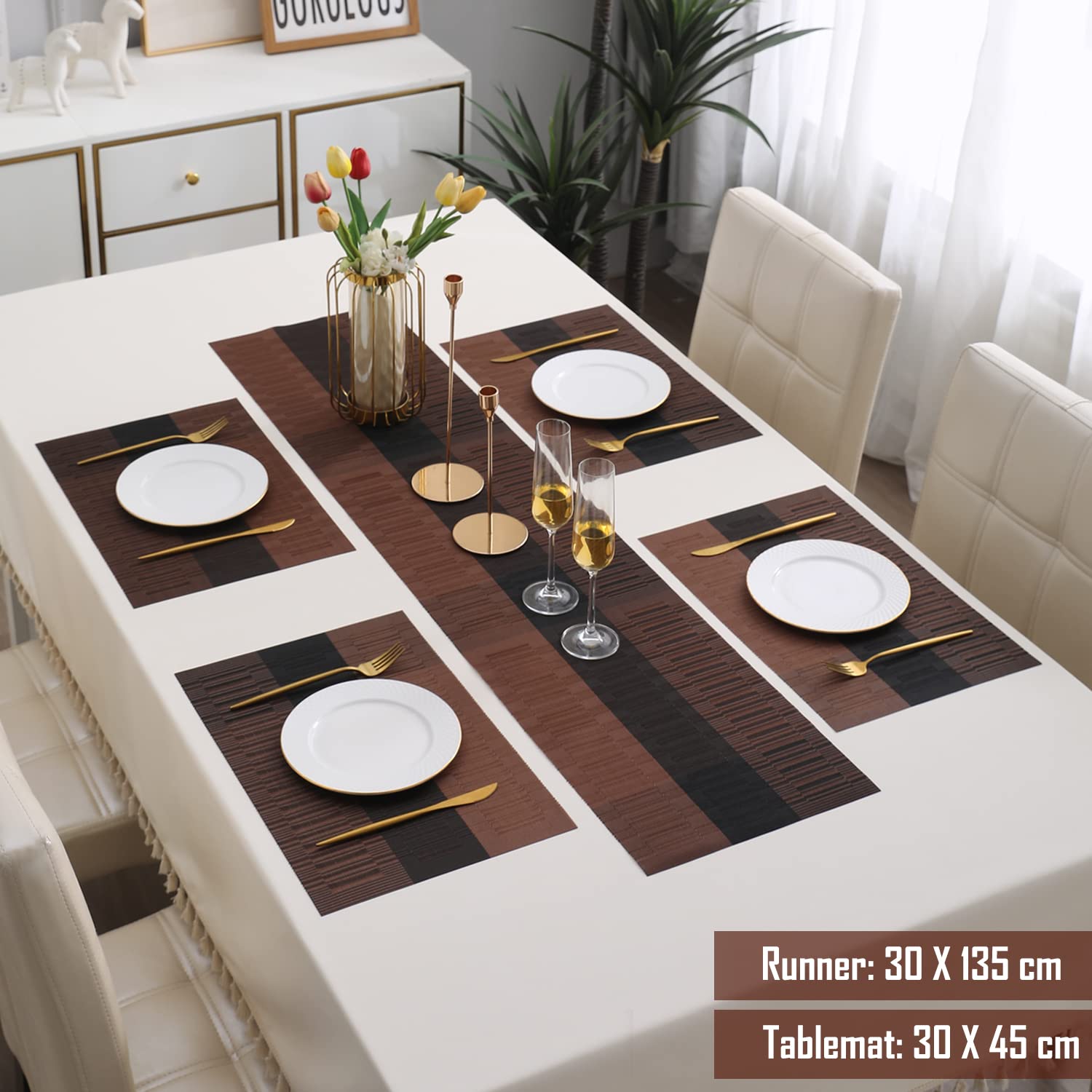 Hokipo Pvc Dining Table Mats With Runner For Table 4 Seater (Ar3288) - Brown 3