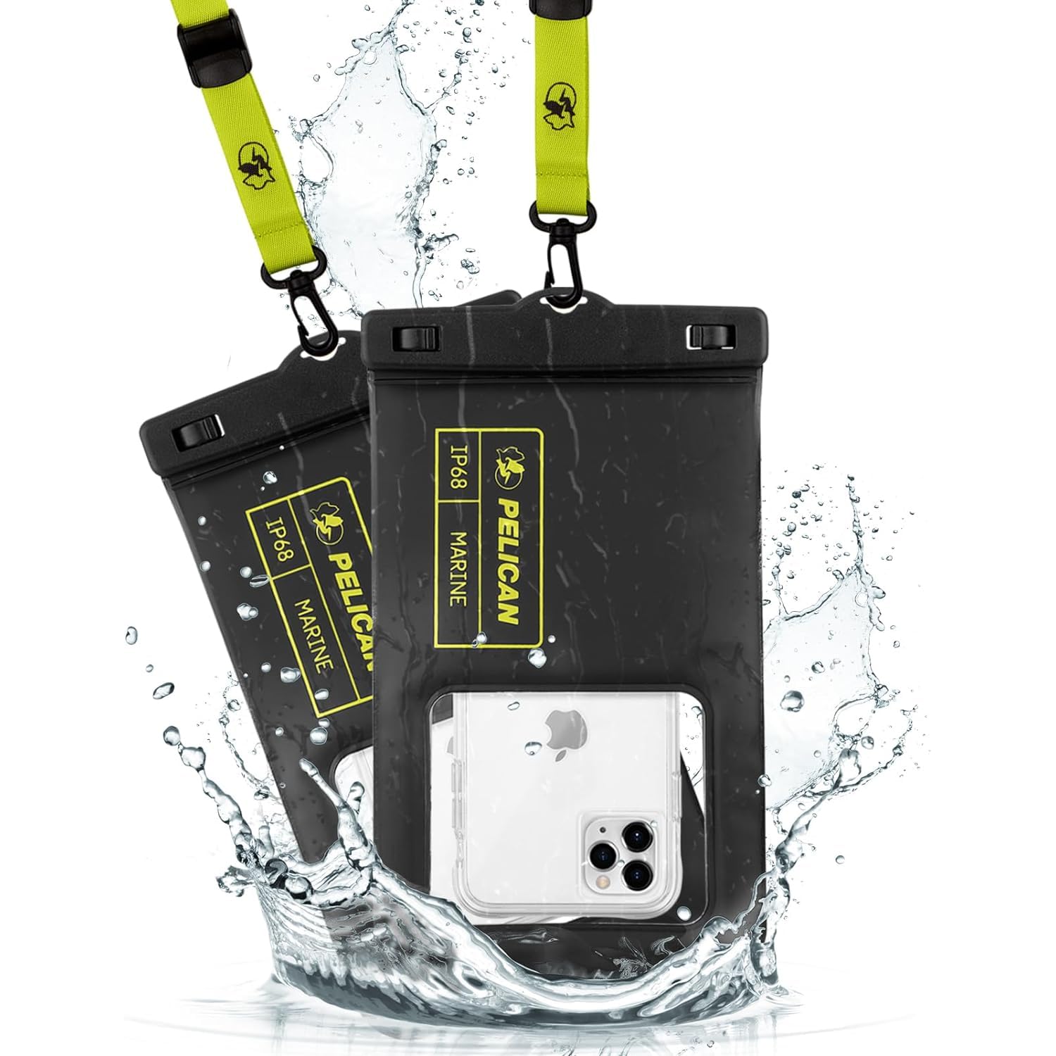 Pelican PP044688-00 IP68 (Dust and Waterproof Standard Highest Grade) Pelican Smartphone Waterproof Pouch Waterproof Pouch XL - Black/Lime Green Waterproof Pouch Set of 2 XL (Compatible with 7.0 inch
