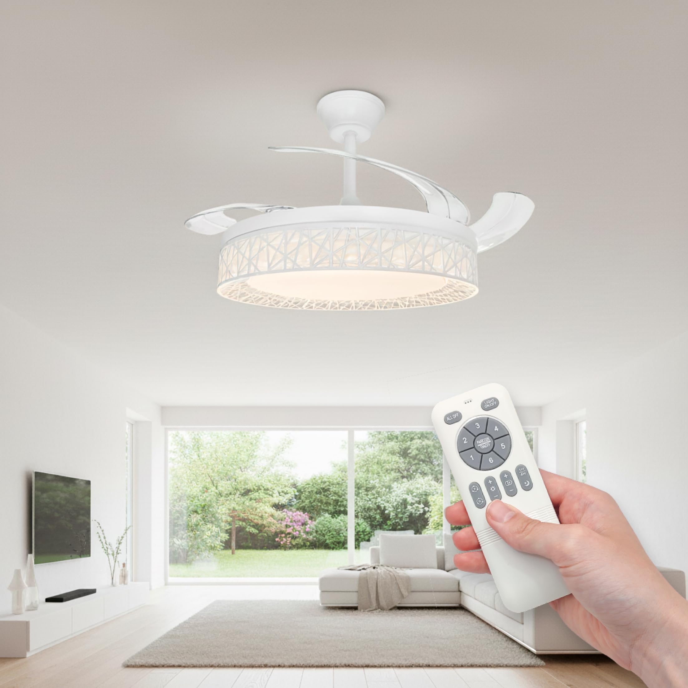 LED ATOMANT Ventilador de Techo con Luz LED 40W, Motor DC 32W, Ø 109cm, CCT, Regulable, 4100LM, 4 Aspas Retractiles, 6 Velocidades Silencioso y Bajo Consumo, Modo Verano Invierno, Con Mando