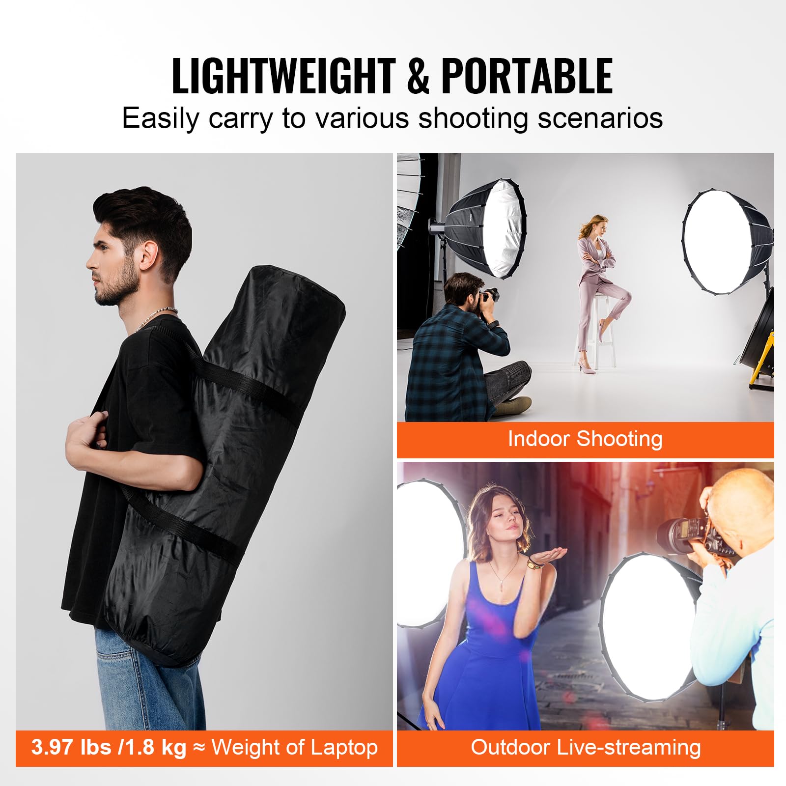 VEVOR Softbox Parabólico de 880 x 880 x 780 mm, Liberación Rápida y Plegado Ligero y Portátil, Montura Bowens Universal, 4 Efectos de Iluminación Apto para Fotografía Profesional, Filmación Diaria
