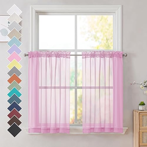 OVZME Cortinas traslúcidas color rosa claro de 36 pulgadas de largo, cortinas de gasa corta para cocina, cortinas lisas para cafetería, cortinas de