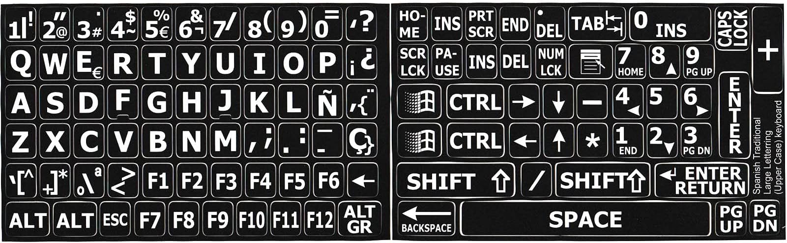 Spanish Traditional Large Letters Upper CASE Black Background Keyboard Sticker for Computers Keyboards