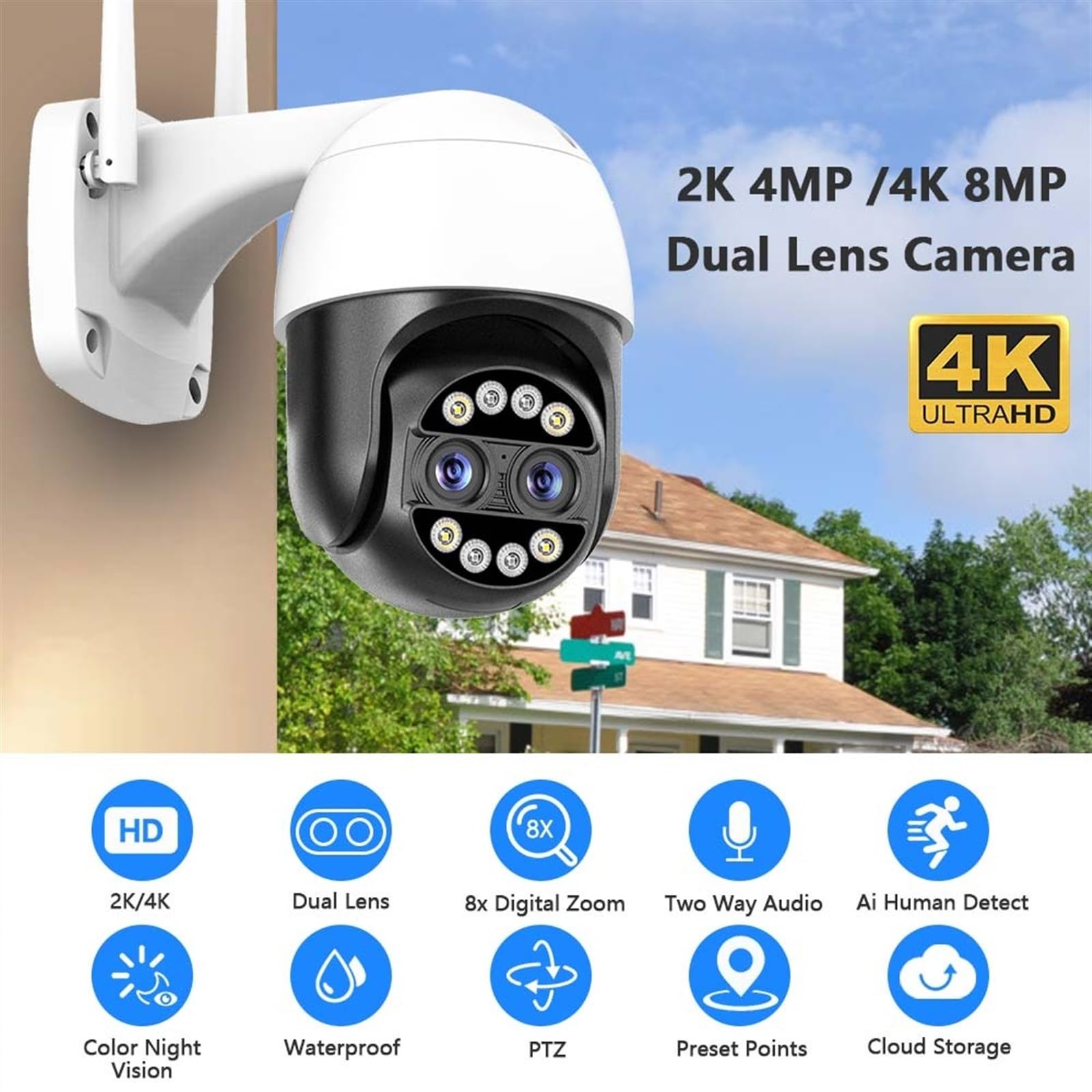 Telecamera di sicurezza, Telecamera di sicurezza binoculare 4K 8MP esterno PTZ Dual Lens 4MP HD sorveglianza CCTV IP AI Tracking P2P IP66(4MP,64GB SD Card)