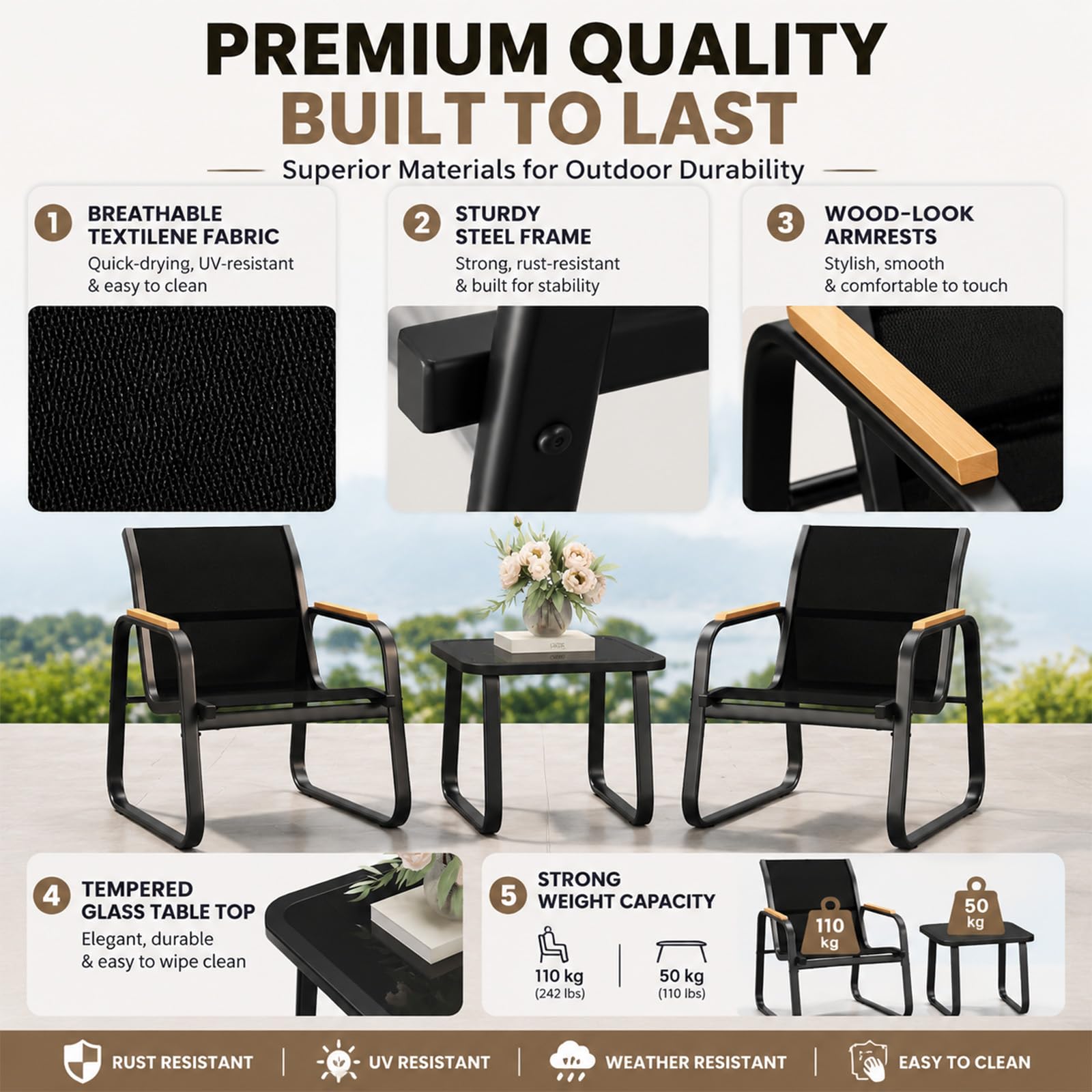 Garvee 3-teiliges Balkonmöbel Set für 2 Personen, moderne Gartenmöbel Sitzgruppe mit Stahlrahmen, Glastisch und Armlehnen in Holzoptik, pflegeleichtes Lounge Set für Balkon,Terrasse und Garten,Schwarz