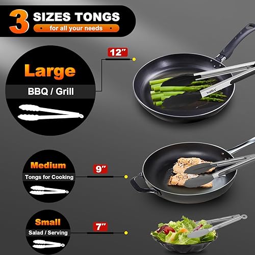 Miniatura 2 de Walfos Pinzas de silicona para cocinar, juego de 3 pinzas de cocina resistentes al calor para cocinar, asar a la parrilla, torneado, acero