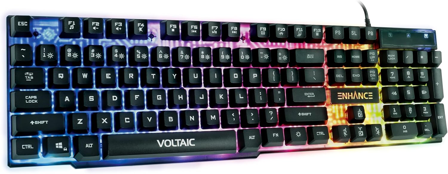 ENHANCE Voltaic 2 Gaming Keyboard – LED Backlit Membrane Keyboard with a Clear, Circuit Design, Mechanical Feeling with Multimedia Keys, 19KRO, Anti-Ghosting – Ergonomic Feeling for PC