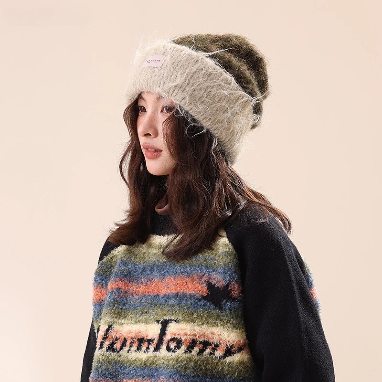 Casquettes Bonnets Chapeaux Bonnet Tricoté Bonnet Chapeau Bonnet en Peluche Épais Et Chaud De Couleur Contrastée pour Femme, Bonnet Tricoté Polyvalent, Décontracté, Chaud, À La Mode, pour L'