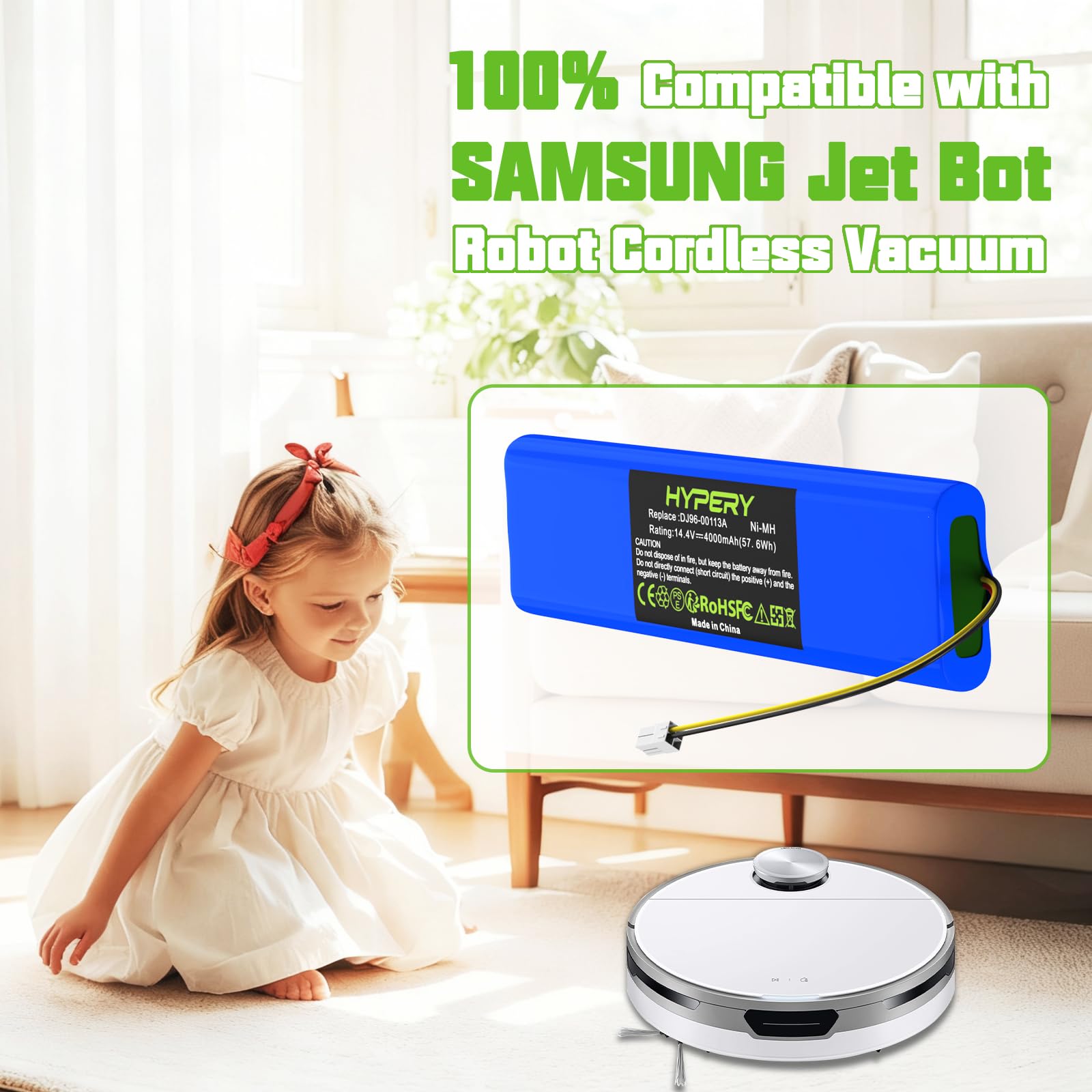 Batteria di ricambio NI-MH 14,4 V 4000 mAh compatibile con Samsung Navibot SR9630, VC-RA50VB, VC-RA52V, VC-RA84V, VC-RE70V, VC-RE72V, VC-RL50V, VC-RL50VK, DJ96-00113A, DJ96-083C
