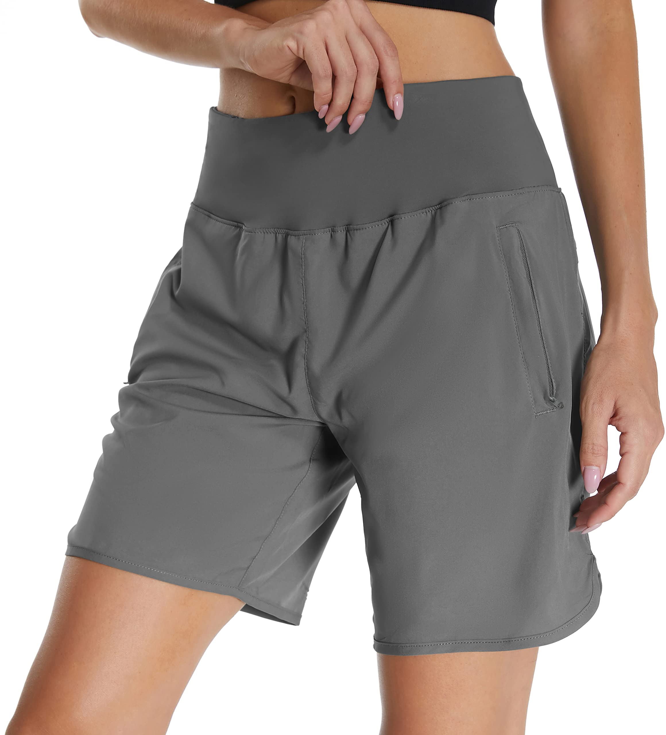 Mesing Pantaloncini Sportivi Running Donna a Vita Alta Pantaloni Corti Palestra Corsa Allenamento Traspirante Sport Shorts con Slip Interni e Tasche Posteriori con Cerniera