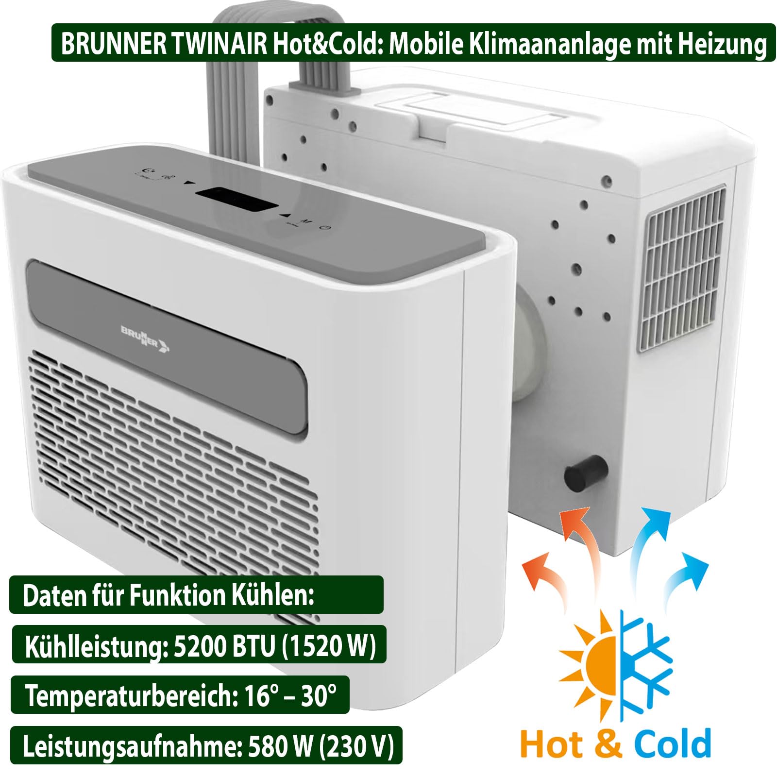 BRUNNER POLARYS TWINAIR NG HOT&COLD mobile leise Split Klimaanlage 5200btu mit Heizung für Wohnwagen Caravan Wohnmobil Van Camping | Kühlen Heizen Entfeuchten | App Steuerung + Timerfunktion