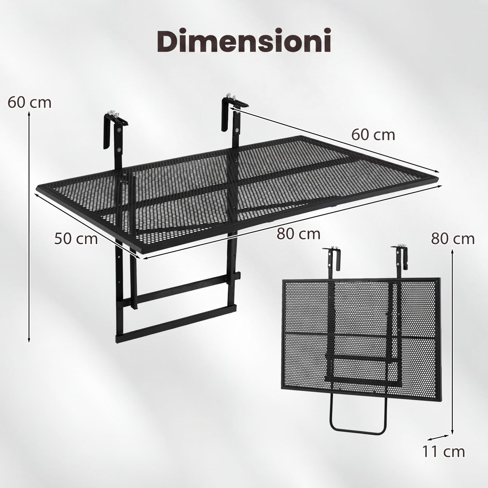 COSTWAY Tavolino Pieghevole da Balcone, Tavolino da Appendere | in Metallo per Ringhiera con Piano d'Appoggio Ampio, 5 Posizioni Regolabili, Tavolo Richiudibile