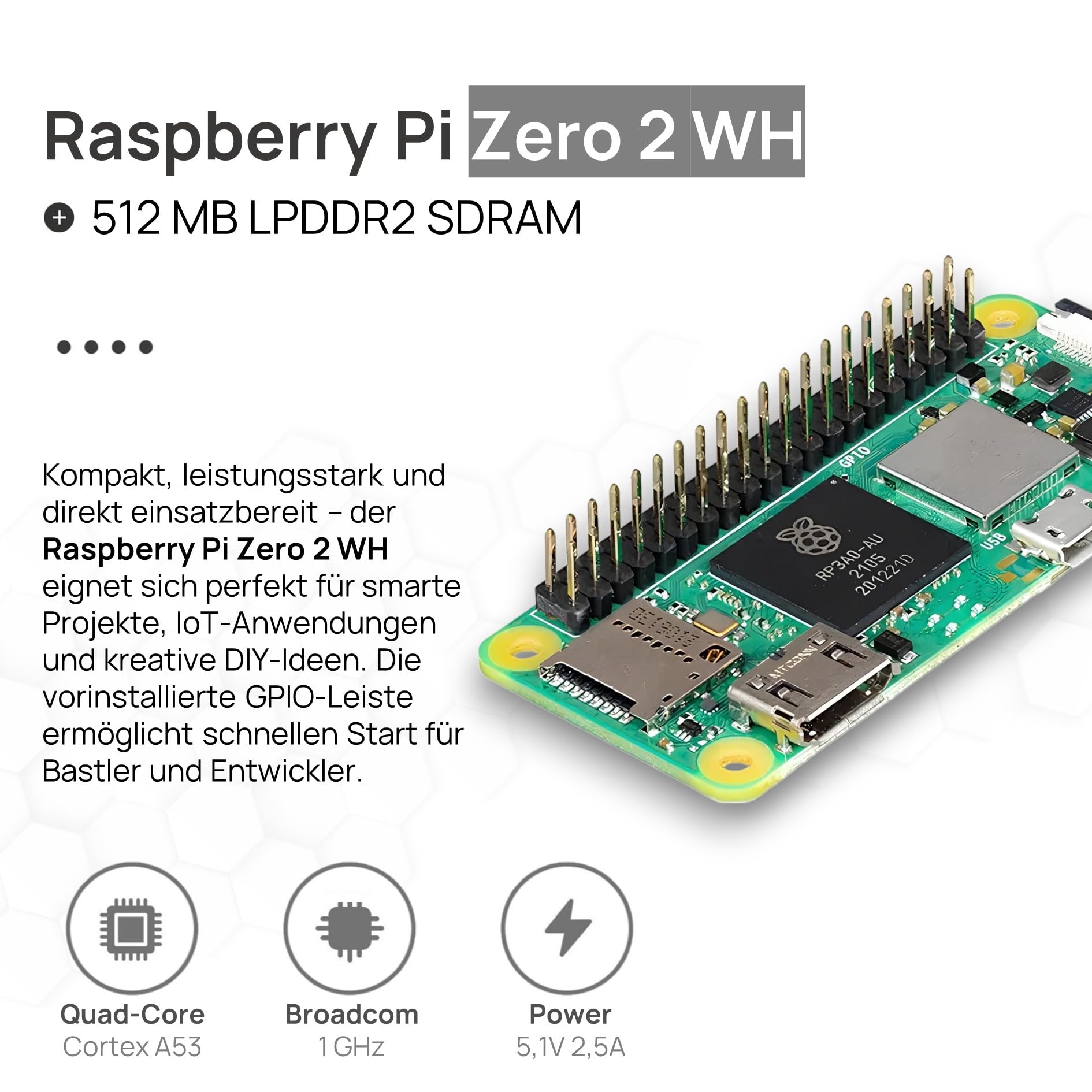 Raspberry Pi Zero 2 WH başlangıç seti, 5,1 V 2,5 A güç kaynağı