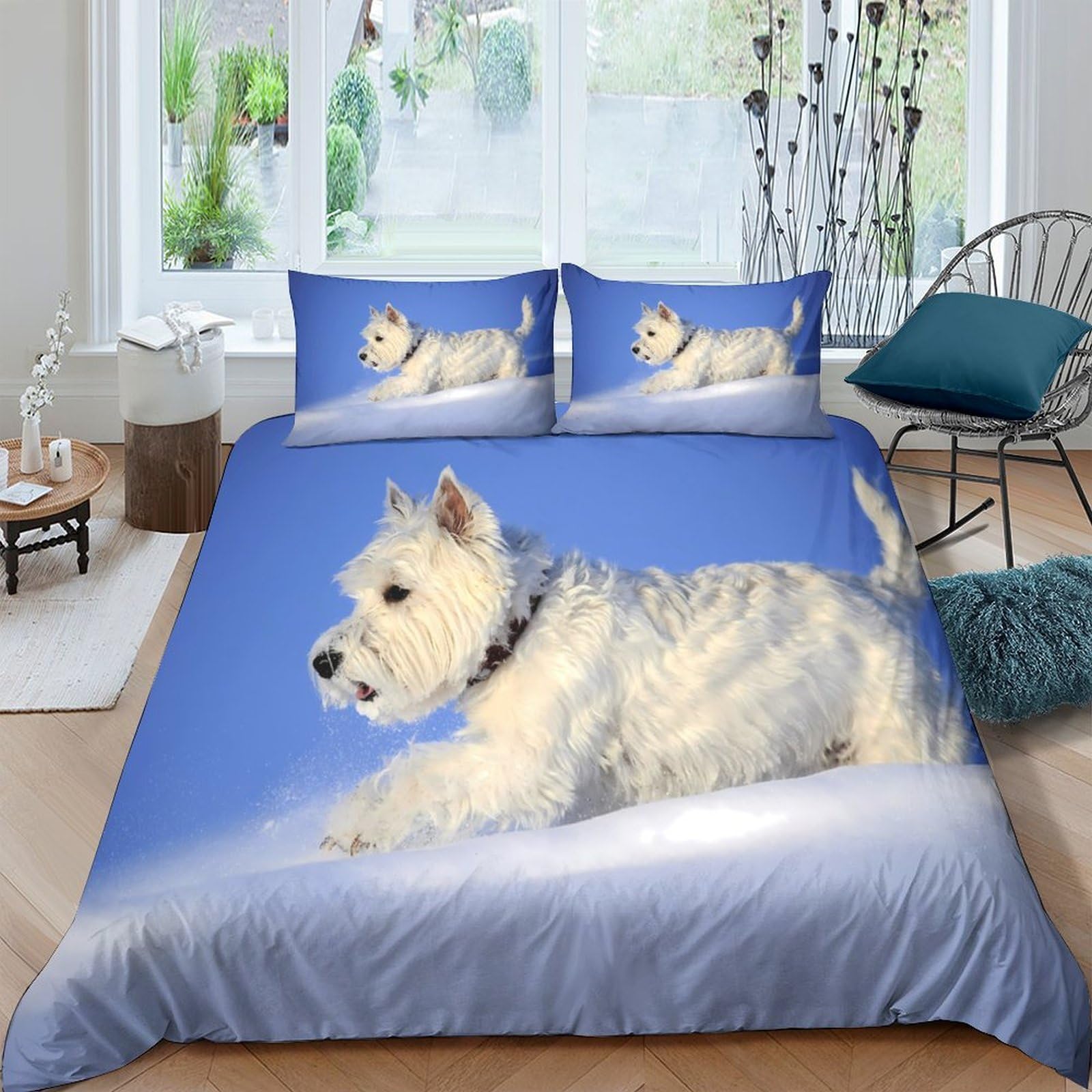 GPLZQXKJNH 3D Printed Westie Dog Duvet Cover Microfiber Breathable Blue Pet Quilt Cover Set with 2 Pillowcases for Bedroom Home Decor, Soft and Durable, Single（135x200cm）