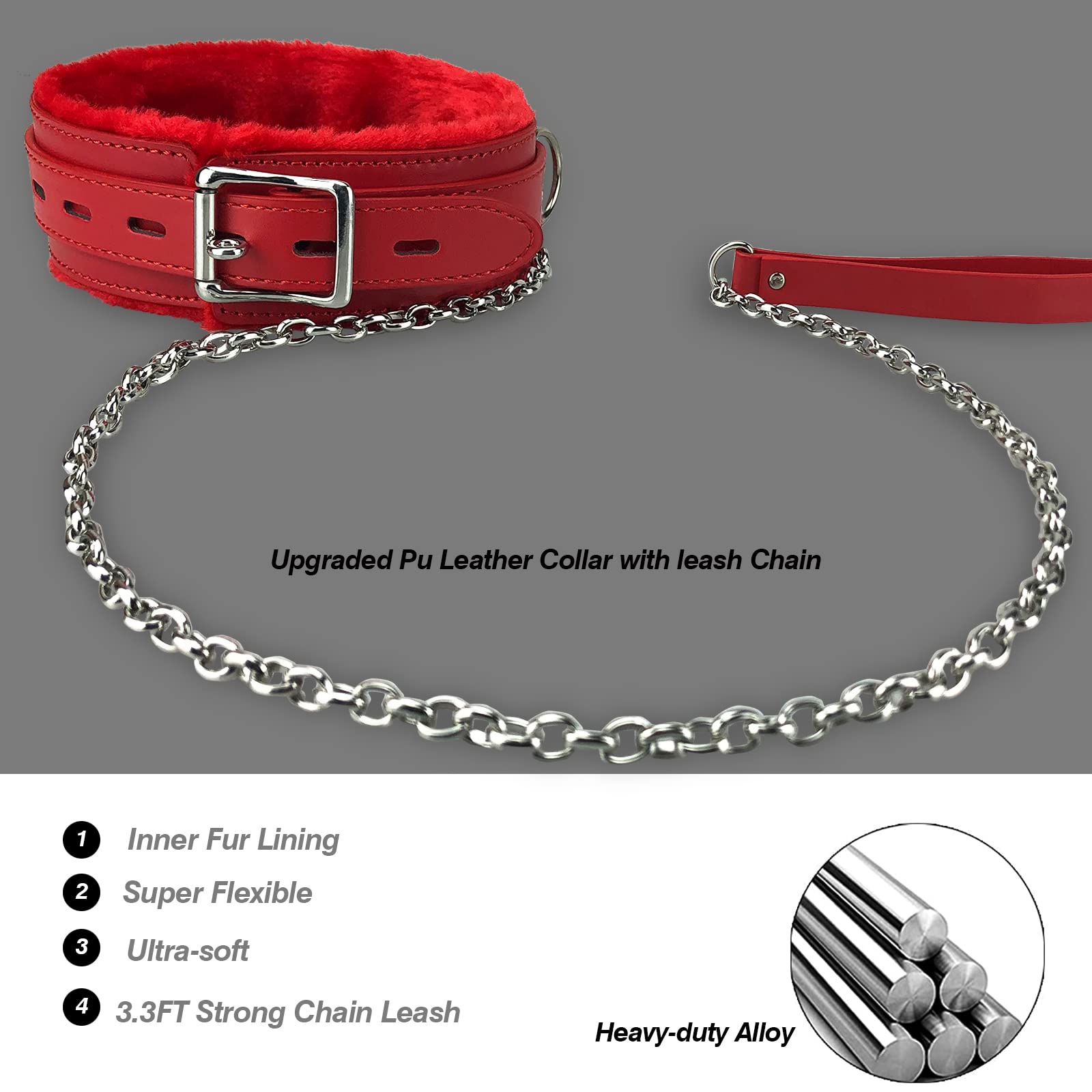 Gargantilla de cuero para mujer, con forro de piel sintética, collar para mascotas con cadena larga y duradera desmontable, color rojo