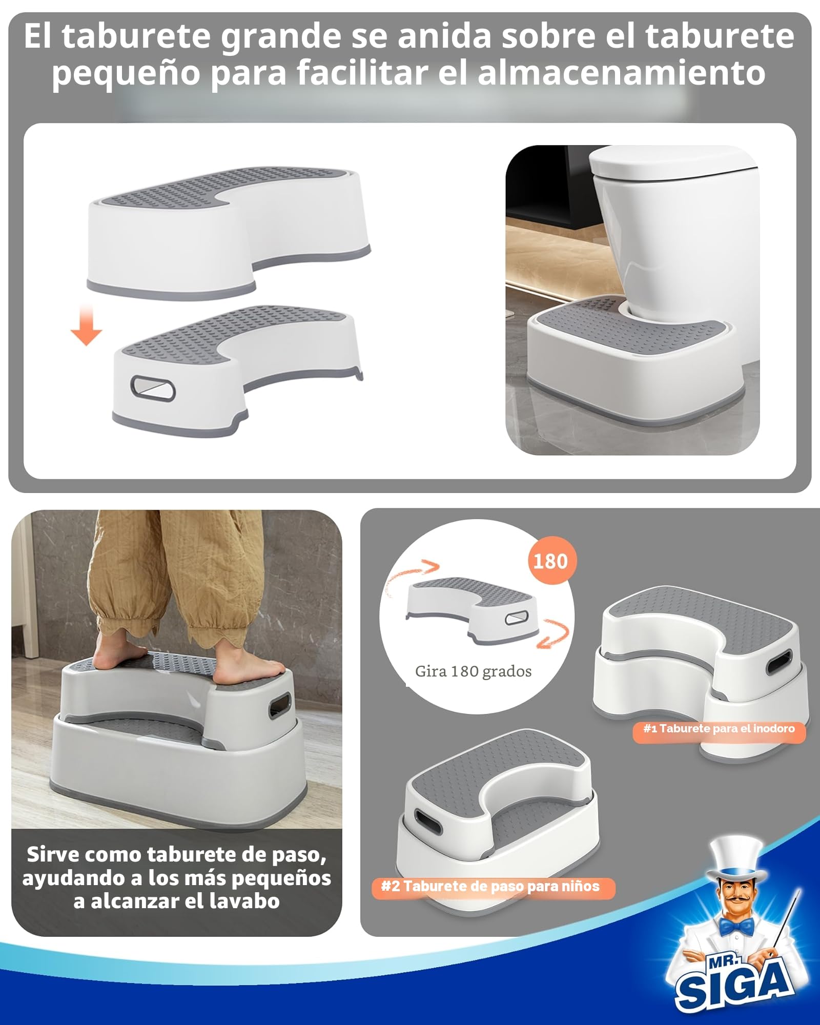 MR.SIGA Taburete para Inodoro para Adultos, Taburete de baño Resistente, escalón Antideslizante para Inodoro, escalón para niños pequeños, Beige,Gris Oscuro
