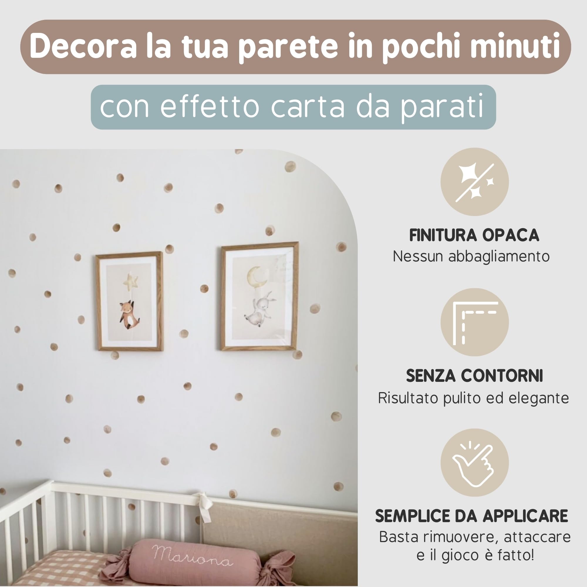 Adesivi Murali Bambini | Adesivi Cameretta Bambino Bimba Pois Acquerello | Effetto Carta da Parati Adesiva | Copre 6 m² | 200 pezzi | TRESXICS (Marrone)