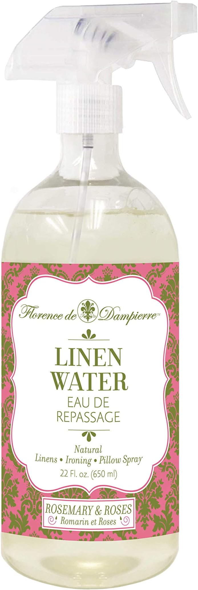 Florence de Dampierre All Natural and Organic Fabric Fresh Linen & Ironing Water Spray, 22 Fluid Ounces - Rosemary and Roses