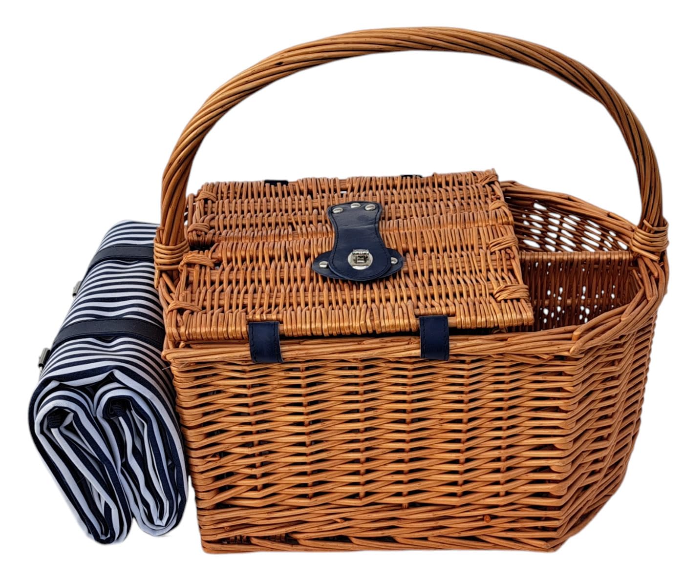 Picknickkorb für 2 Personen mit Picknickdecke, Besteck, Tellern, Weingläsern, Salz & Pfeffer, Korkenzieher und Flaschenfach – maritimes Design