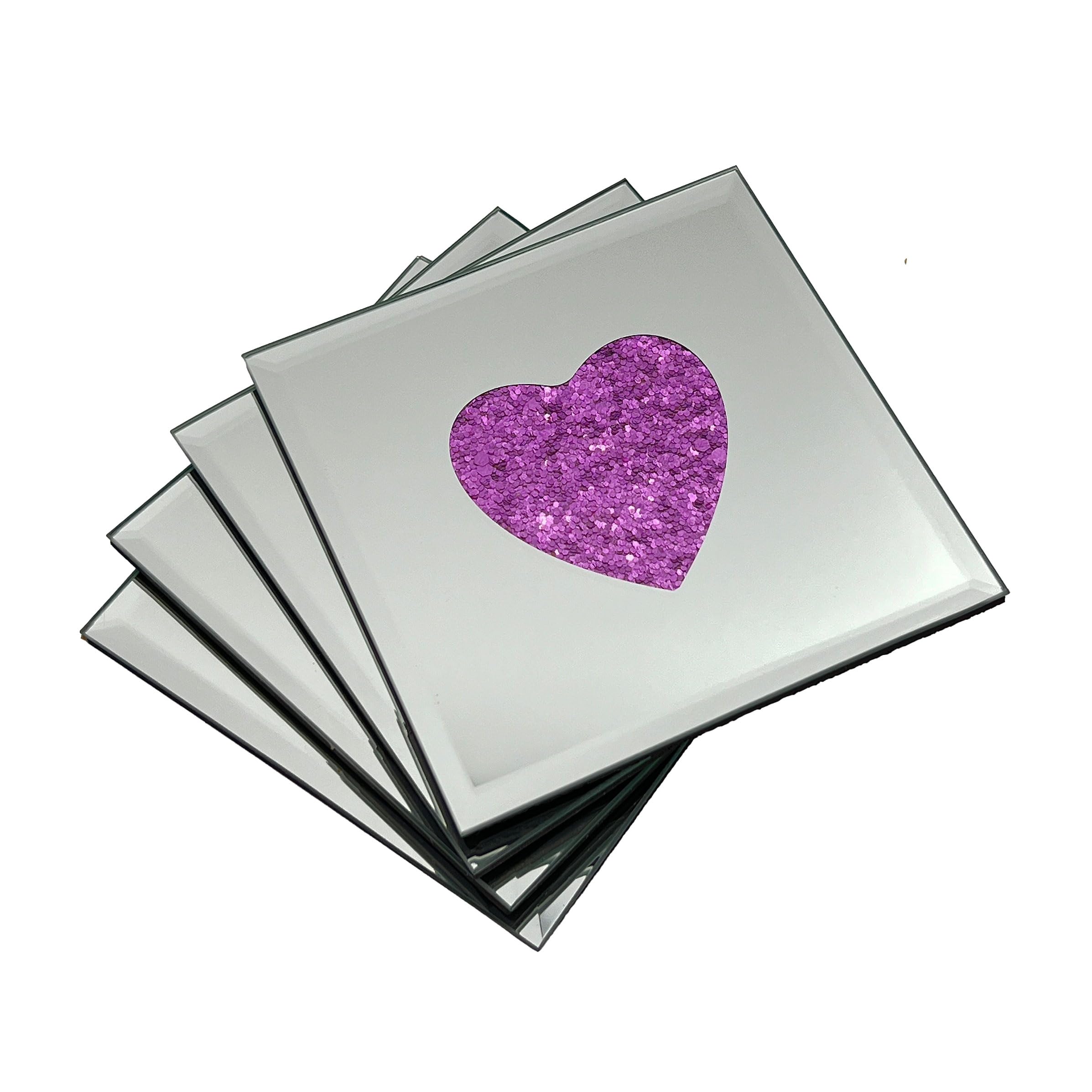 Angraves Pink, Mirror, Silver Lustre Love Heart Pink Sparkle Glitter Mirrored Glass Coaster Set Of 4