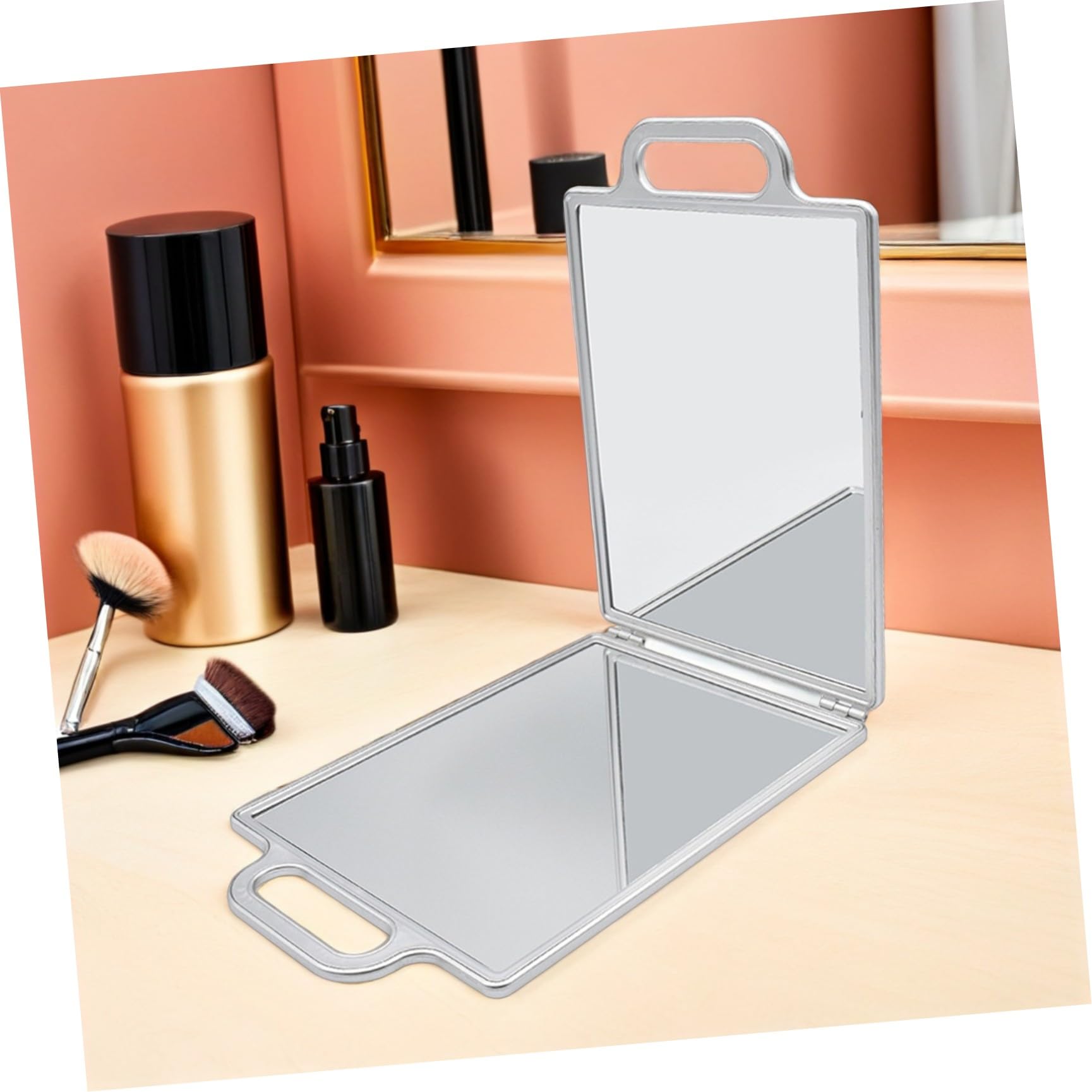 BETOOKY Specchio da Pieghevole Doppia Faccia con Doppia Maniglia, Portatile in Vetro e Plastica Argento per Styling e Viaggio