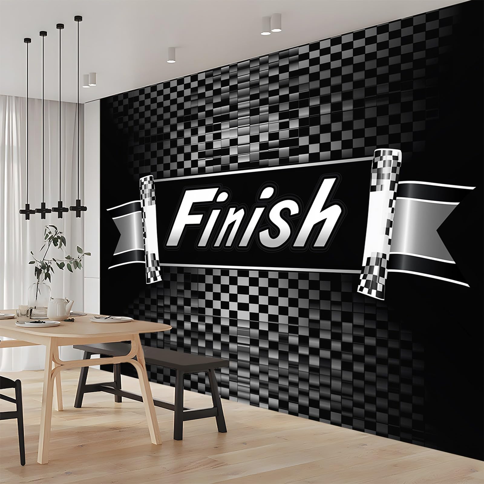 Panoramiczna tapeta wyścigowa flaga sportowa czarny srebrny 200 x 140 cm (szer. x wys.), panoramiczna gigantyczna tapeta 3D salon sypialnia jadalnia pokój dziecięcy dekoracje ścienne z włókniny