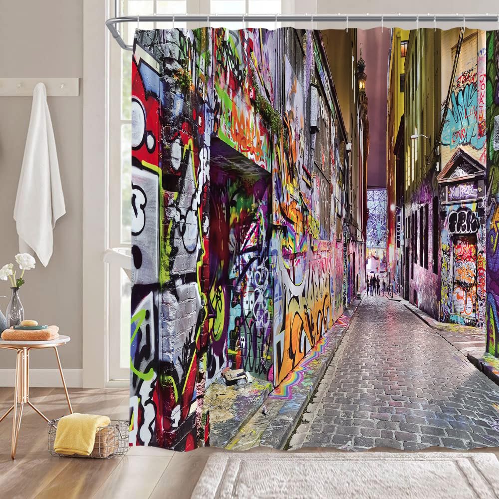 Graffiti Duschvorhang – Abstraktes Urban-Art Design, 178x178 Cm, Mit 12 Haken, Polyester