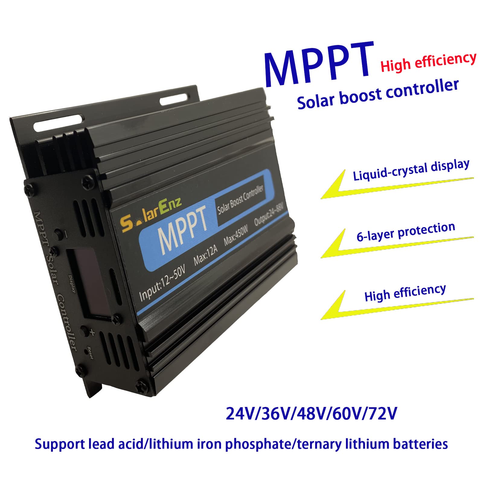 Boost MPPT solarny regulator ładowania 12 A 24 V/36 V/48 V/60 V/72 V akumulatory ołowiowo-kwasowe LiFePO4 żelowe itp. w wózku golfowym, elektrycznym, motocyklu, ładowaniu energią słoneczną, rowerze i