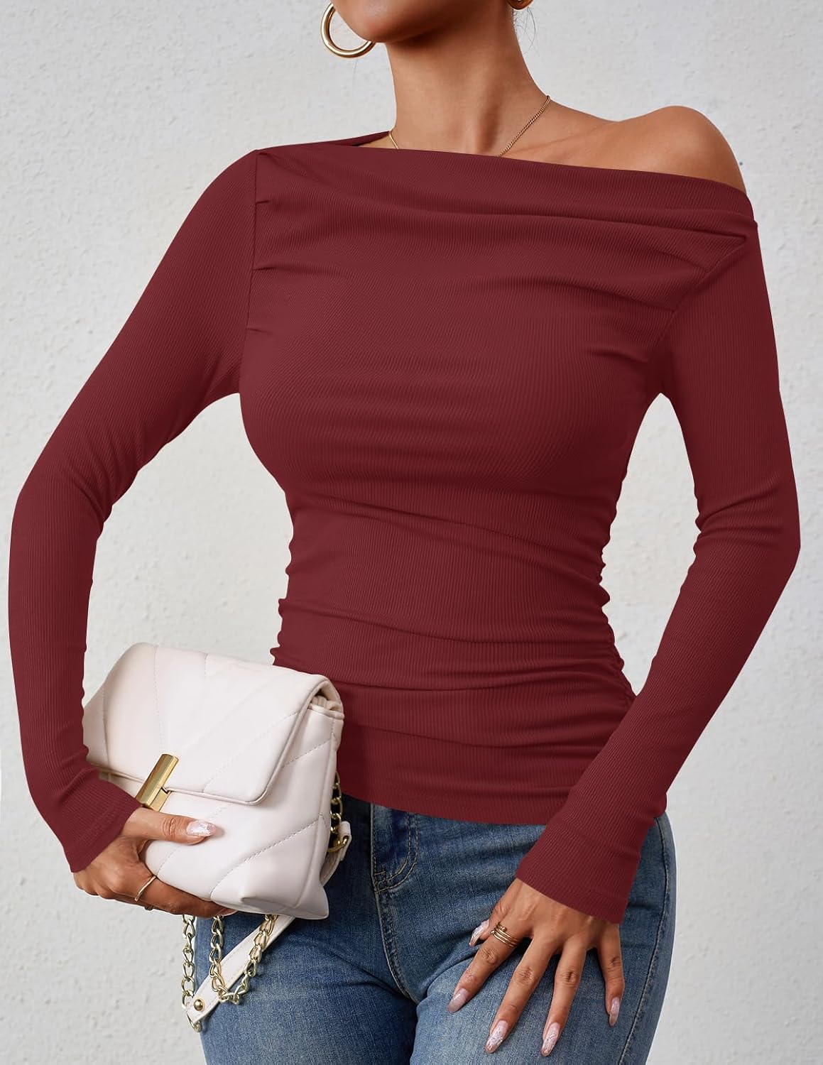 ZESICA Womens Off Shoulder Long Sleeve Tops 2026 Spring Casual Boat Neck Ruched Slim Fit Going Out Y2k Shirts Blouses - Image 7