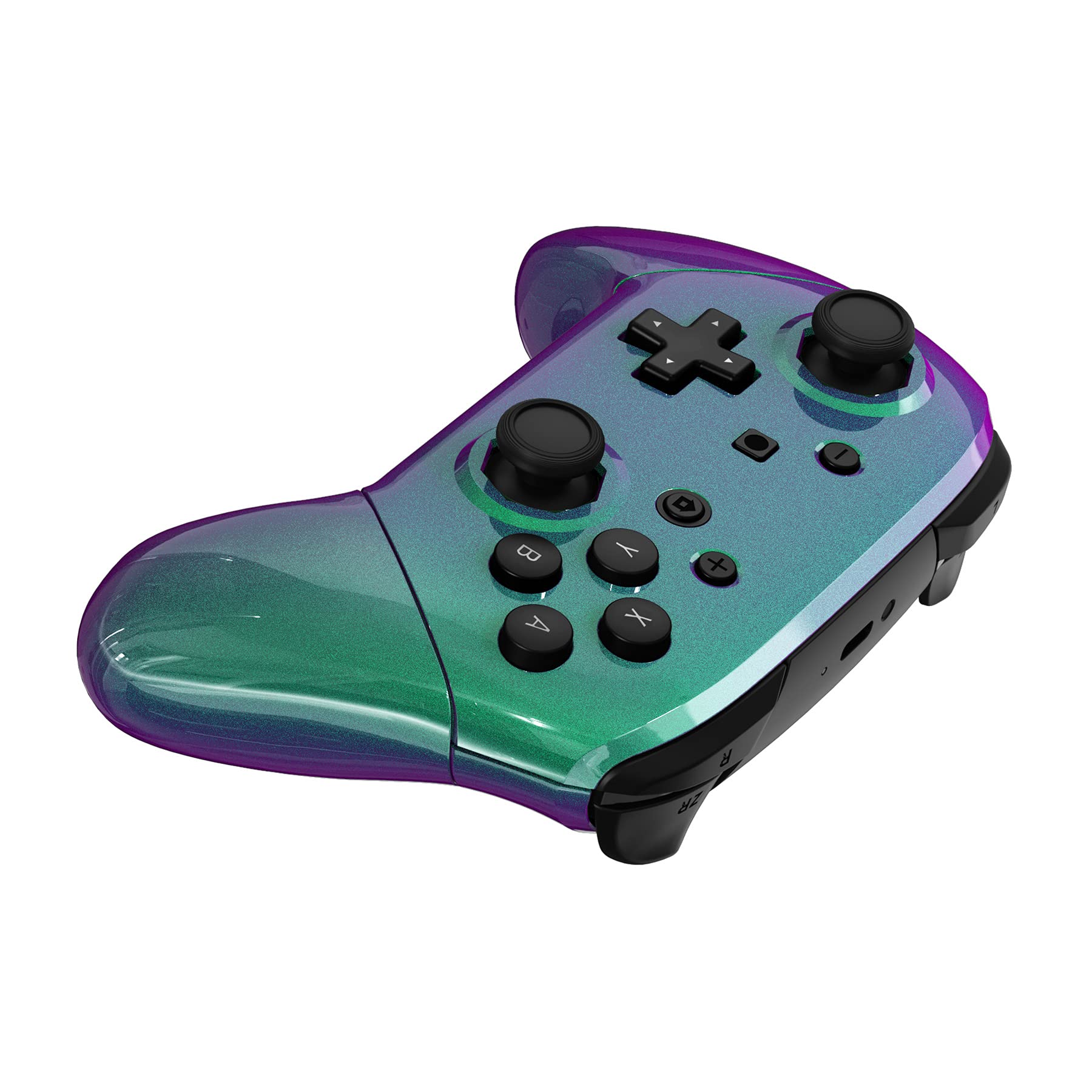 eXtremeRate Grips Case für Nintendo Switch Pro Controller, DIY-Ersatz Full Hülle Faceplate&Back Shell&Giffe Abdeckung&Tasten für Switch Pro Controller(Octagonal Gated Sticks Design,Grün Lila)