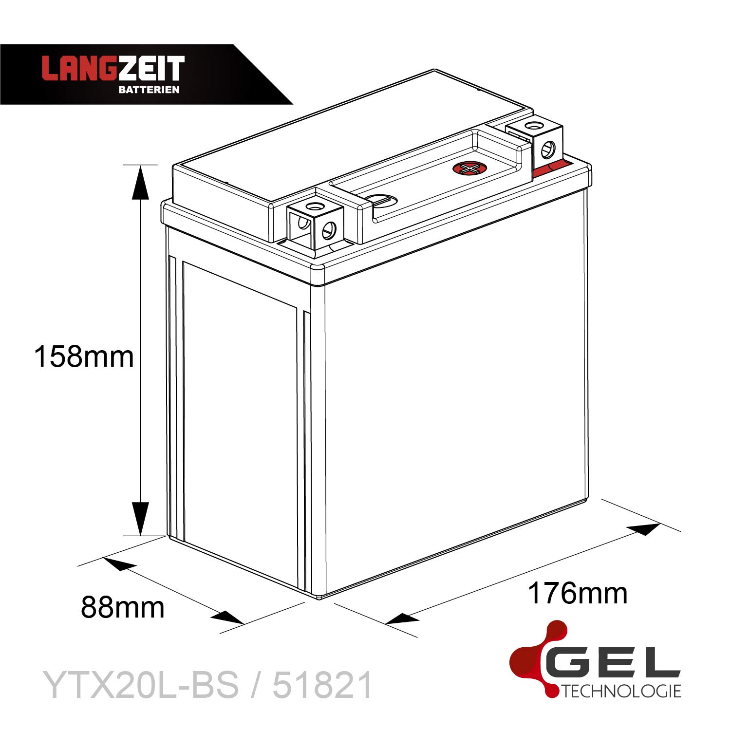 LANGZEIT YTX20L-BS batteria moto 12V 20Ah 51821 GTX20L-BS CTX20L-BS senza manutenzione